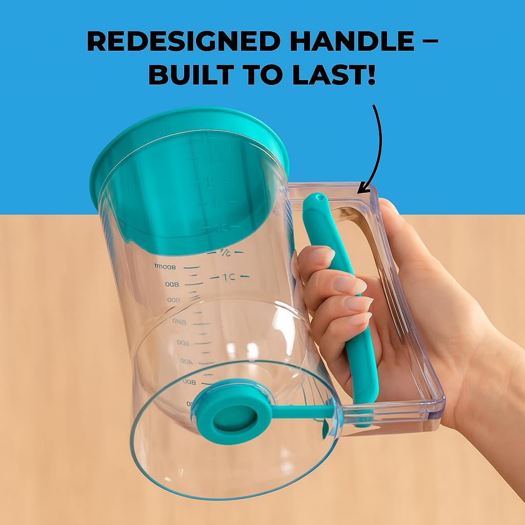 Pancake Batter Dispenser - Kitchen Must Have Tool for Perfect Pancakes, Cupcake, Waffle, Muffin Mix, Cake & Crepe - Easy Pour Baking Supply for Griddle - Pancake Maker with Measuring Label (Turquoise)