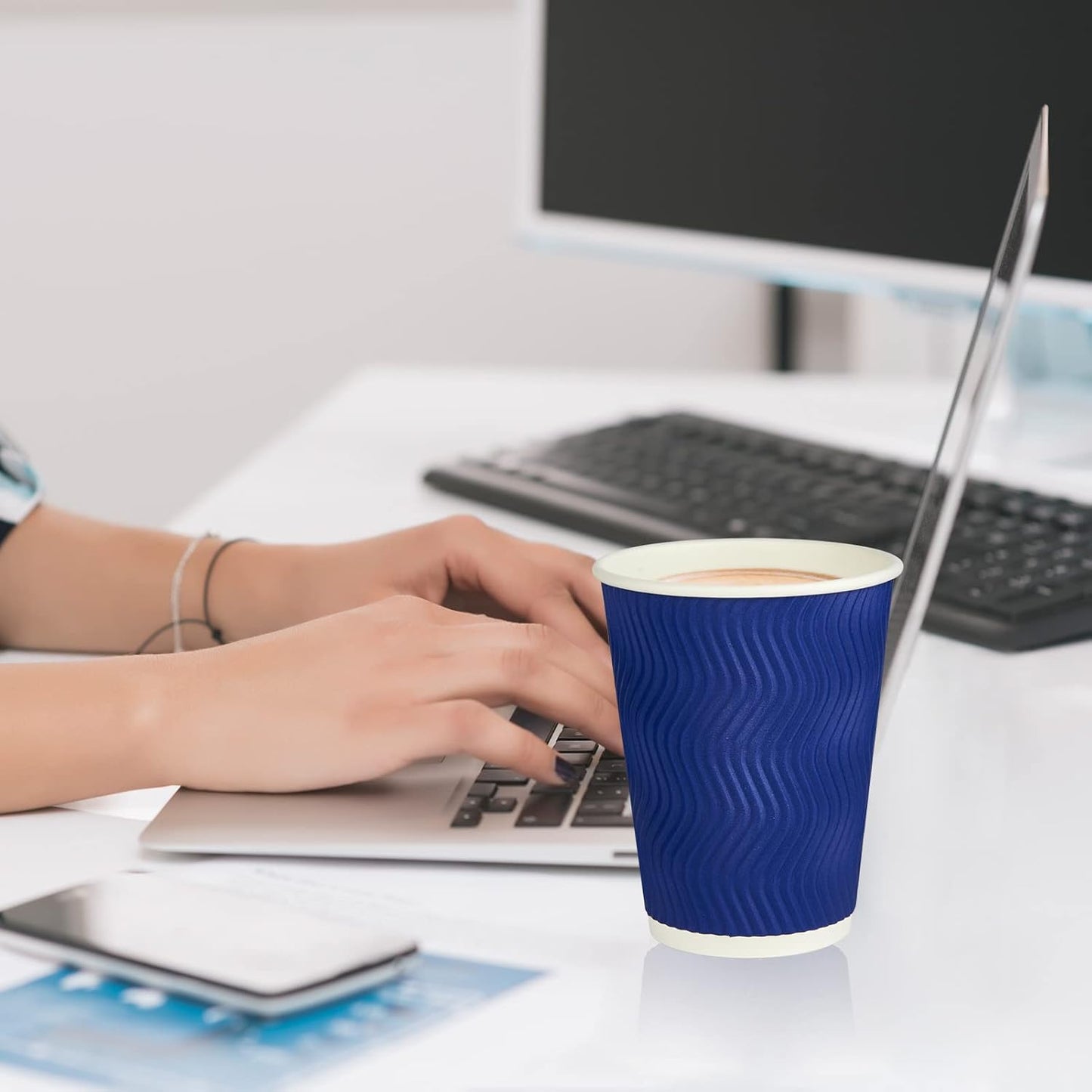 JollyPack 120 Pack 12 oz Paper Coffee Cups, Blue Disposable Beverage Cups with Insulated Ripple Wall for Hot or Cold Drinks