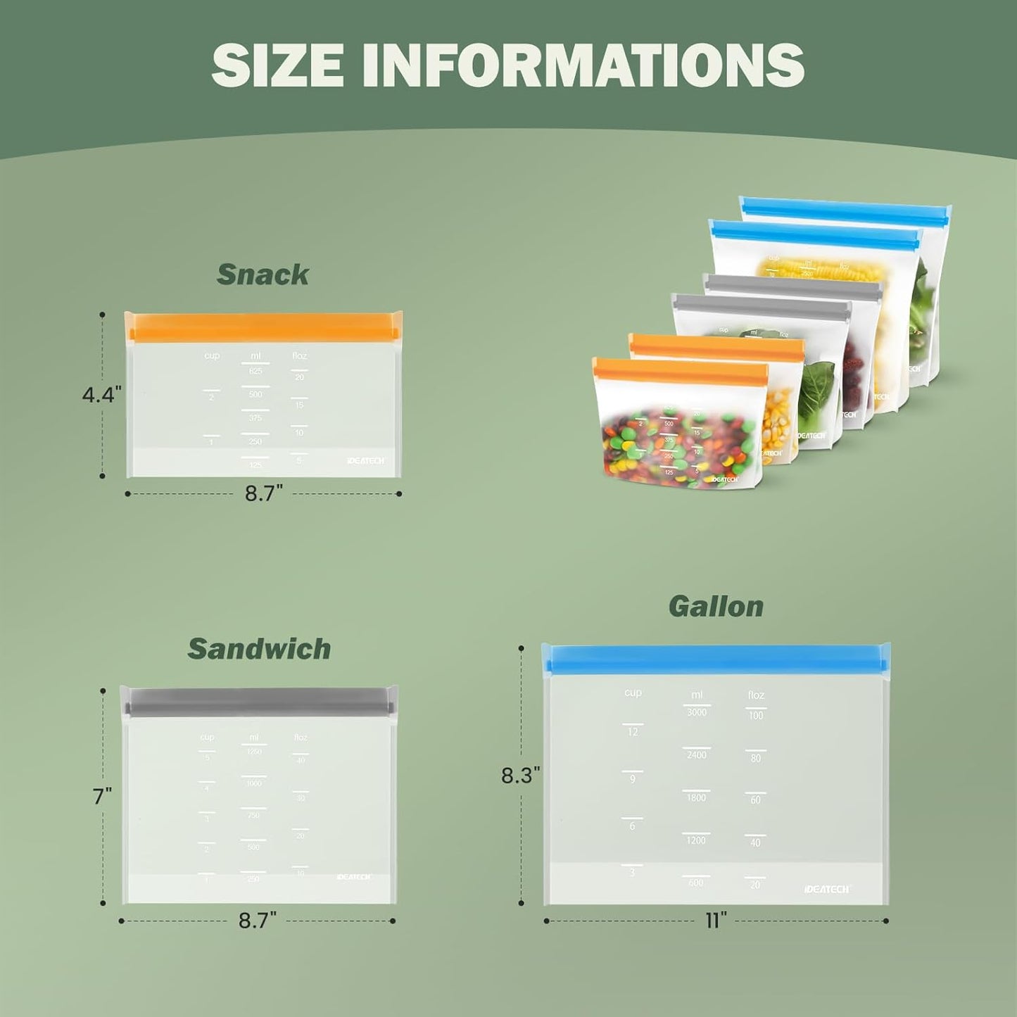 Dishwasher Safe Reusable Storage Bags Stand Up - BPA Free Reusable Sandwich Bag - Leakproof Gallon Freezer Bags, Silicone Food Storage Bags - Multicolor 6 Gallon + 6 Sandwich + 6 Snack Bags