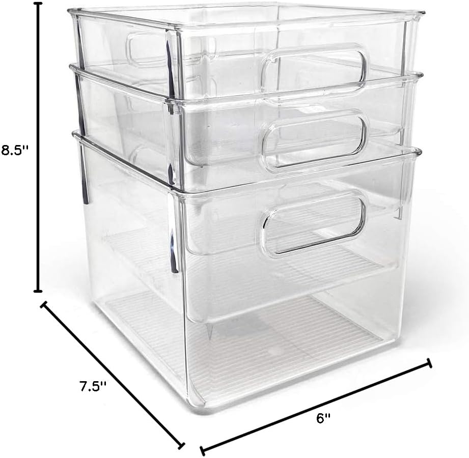Isaac Jacobs 3-Pack Medium Clear Storage Bins with Handles, Plastic Organizer for Home or Fridge/Freezer, Pantry and Kitchen Non-Slip Container Set, BPA Free, Food Safe (3-Pack, Medium)