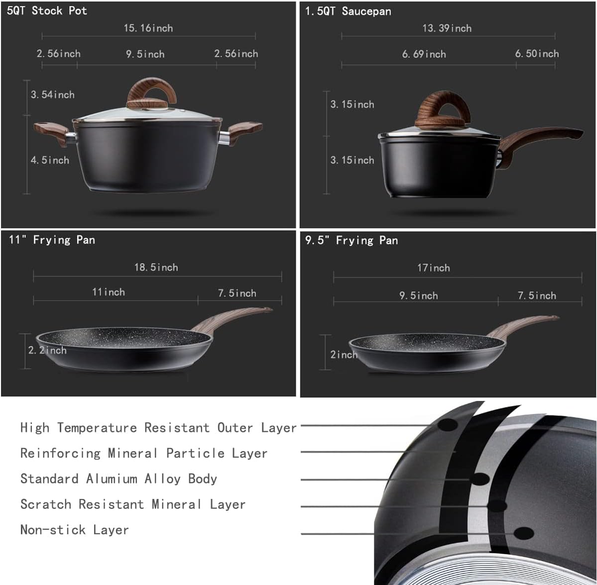 Pots and Pans Set Non Stick, Ceramic Cookware Set with Granite Pattern Kitchen Cooking Sets Induction Pot and Pan w/Frying Pans, Saucepans, Casserole, Non-Toxic, PTFE/PFOA/PFOS-Free, Black