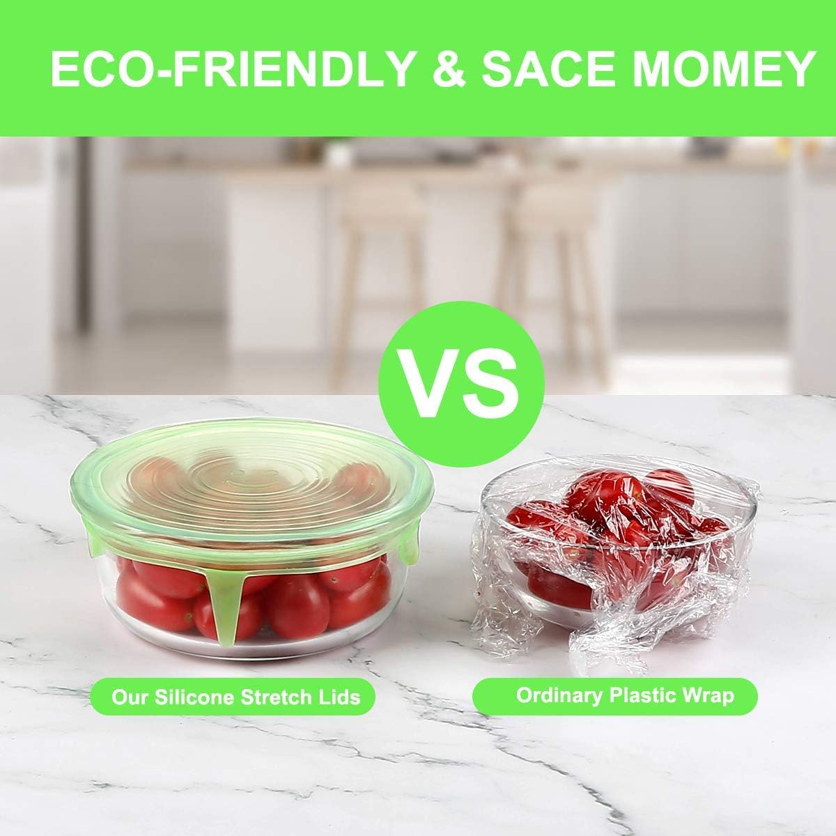 Silicone Stretch Lids, 12 Pack Silicone Lids, 6 Sizes BPA-free Silicone Bowl Covers Reusable for Cups, Bowls and Dish, Flexible, Round and Rectangle Fit 2.8” - 8.2” Container, Green & Blue