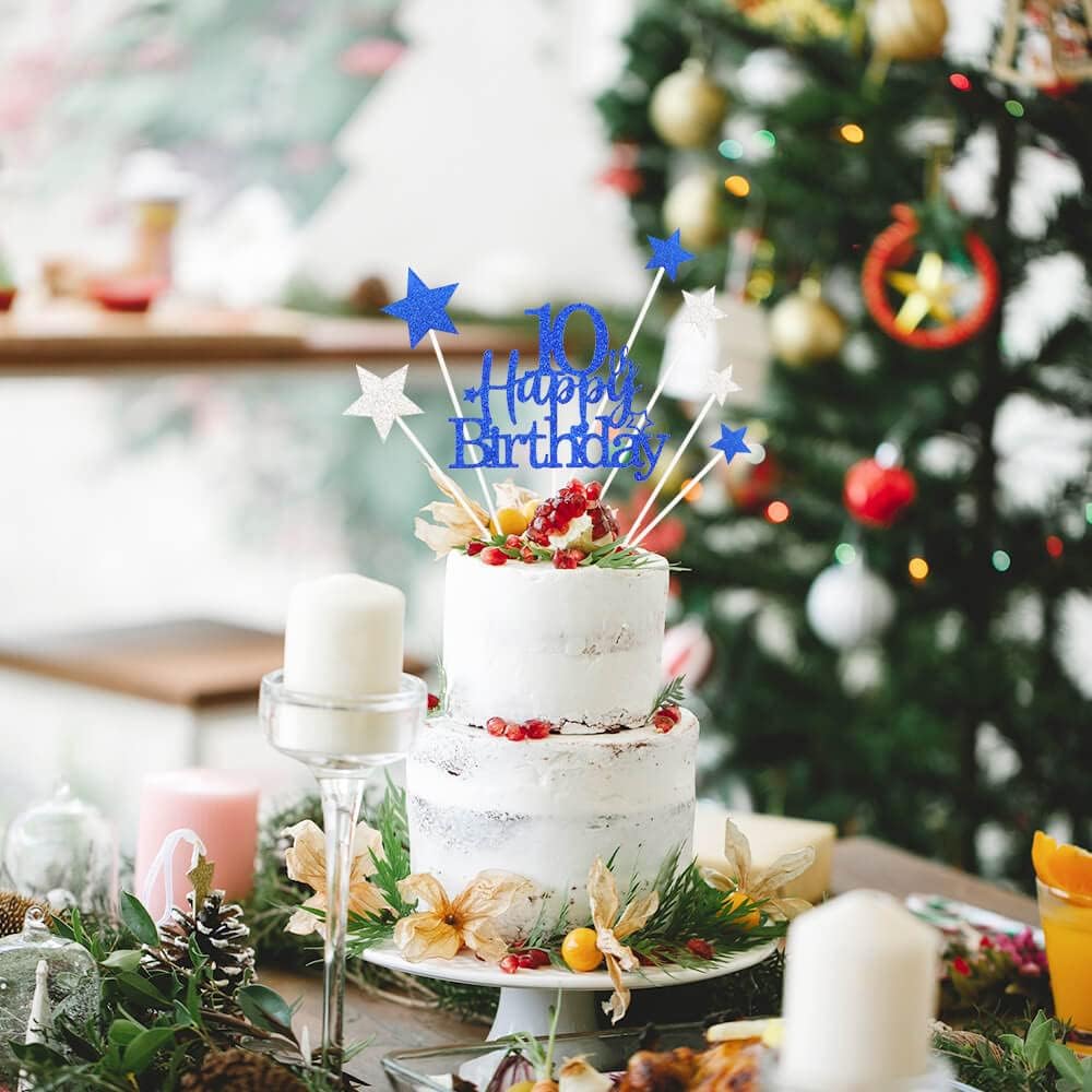 Glittery 10th Cake Topper with Star Boys and Girls 10th Birthday Party Supplies, Ten Years Old Birthday Party Decorations Royal Blue