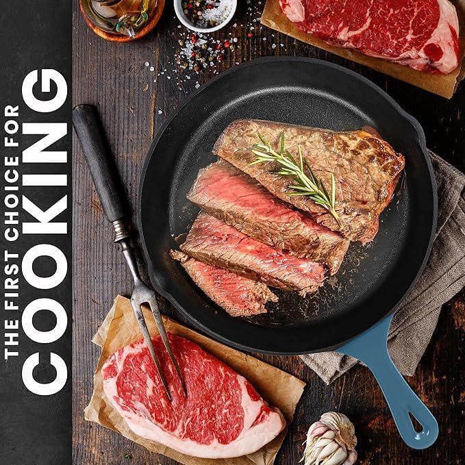 Utopia Kitchen Saute Frying Pan 3 Piece Set, Cast Iron Chefs Pan, Pre Seasoned Cast iron Skillets, 6, 8 & 10 Inches, Easy Use in the Oven, Stove, Grill, or Campfire, Teal