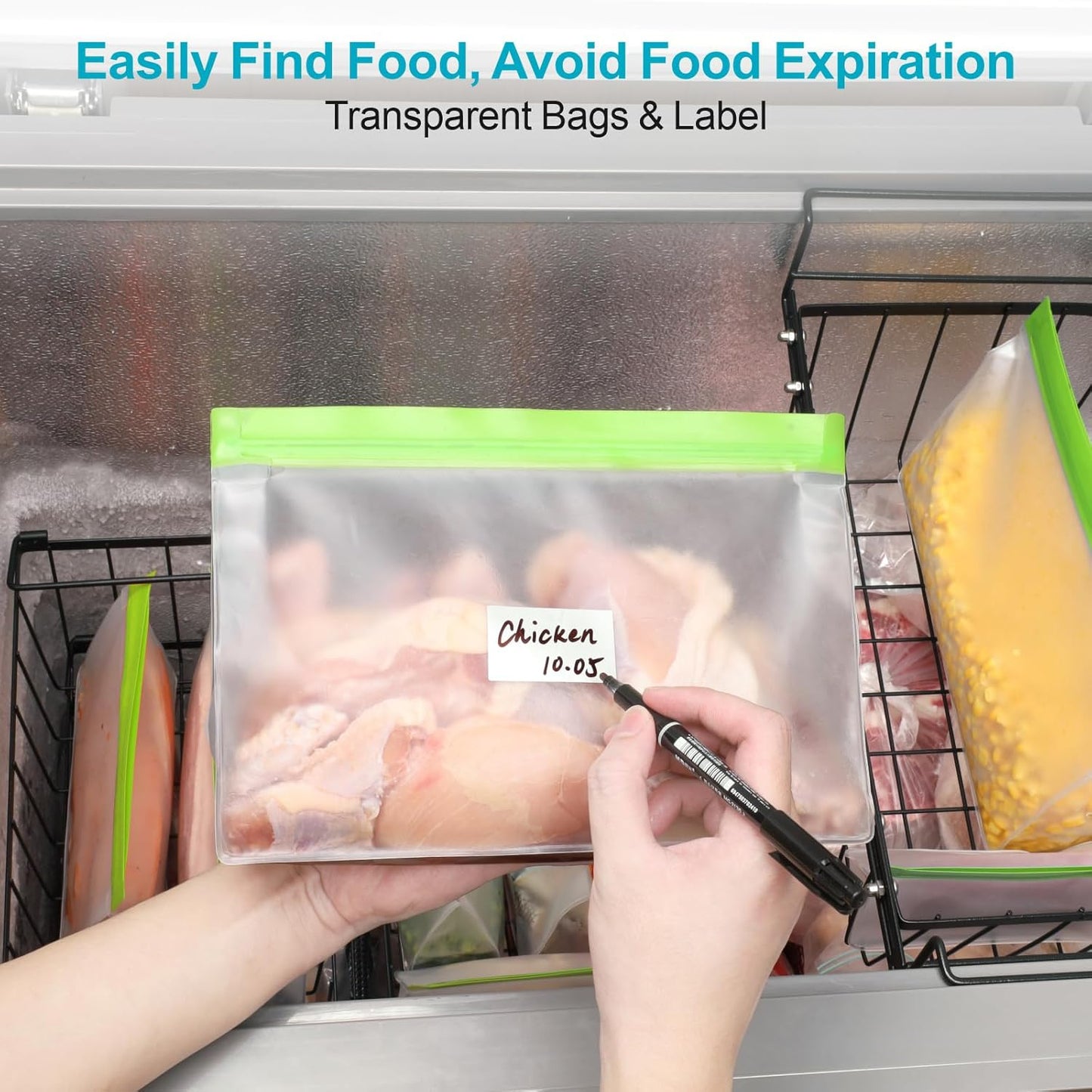 iSPECLE 10 Pack Freezer Bags - 3 Pack Gallon Bags 4 Pack Sandwich Bags 3 Pack Snack Bags BPA-Free Reusable Freezer Bags with Stand-Up Bottom and Label, Leakproof to Keep Frozen Food Fresh, Green