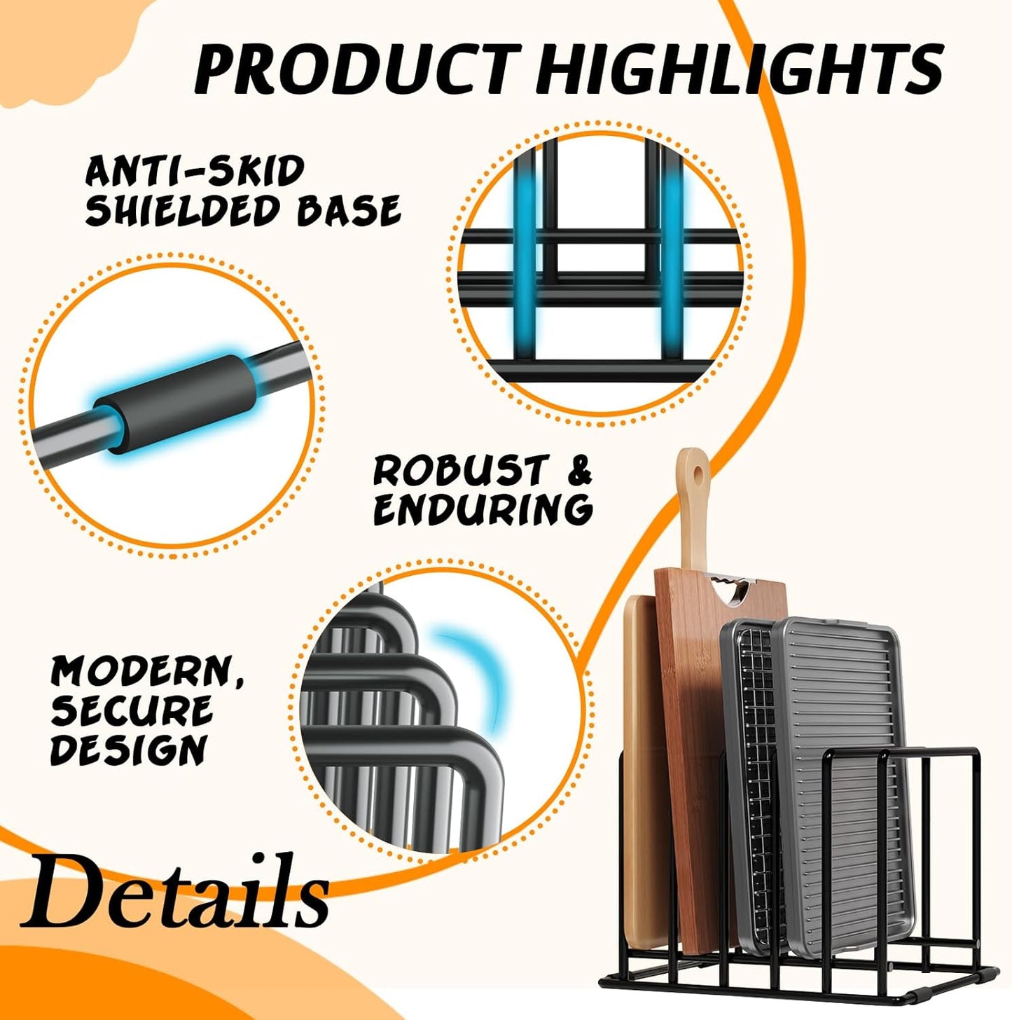 Baking Sheet Organizer Rack โ 5-Slot Bakeware & Cookie Tray Holder for Kitchen Cabinet or Countertop, Compact Stainless Steel Cutting Board Rack with Rust-Resistant Frame & Anti-Slip Feet