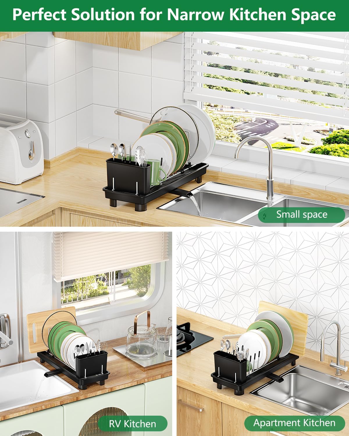 Small Dish Drying Rack, Compact Dish Rack for Kitchen Counter, Space Saving Plate Rack, Dish Strainer with Cutlery Holder, Black