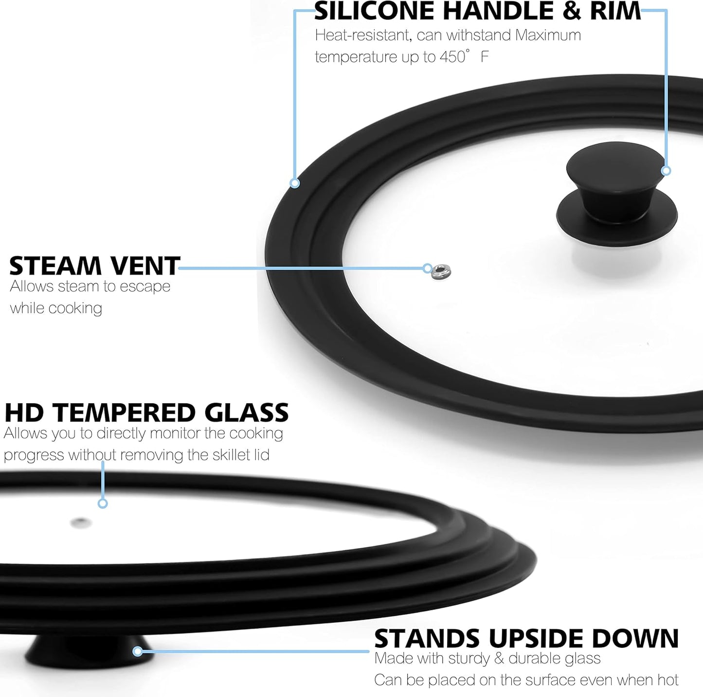 Anaeat Silicone Universal Lid for Pots, Pans and Skillets - Tempered Glass Covered with Heat Resistant Silicone Rim Fits All 7" to 12" Diameter Cookware -Easy to Use Replacement Frying Pan Cover