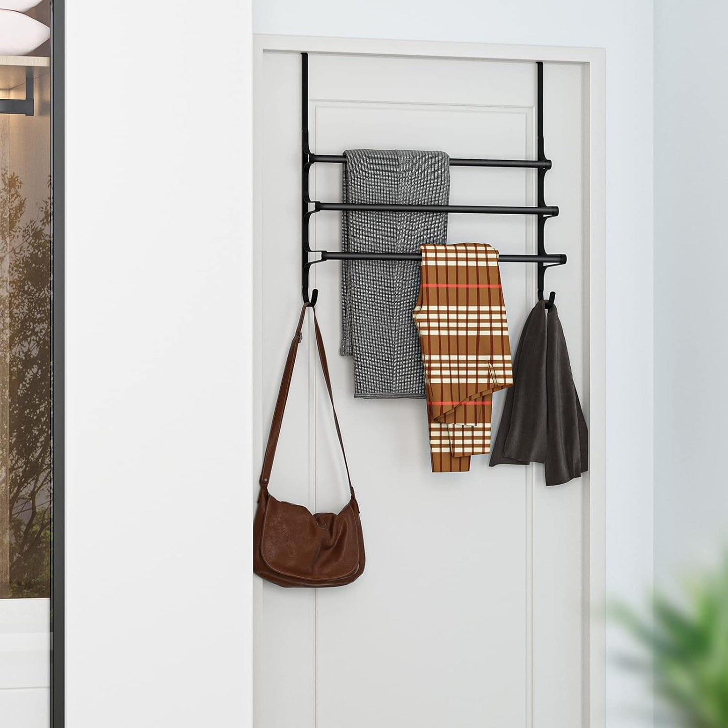 Over The Door Towel Rack, Triple Towel Storage Holder with Hooks, 24.02 Inches Towel Bar Hanger Towel Racks for Bathroom (Black)