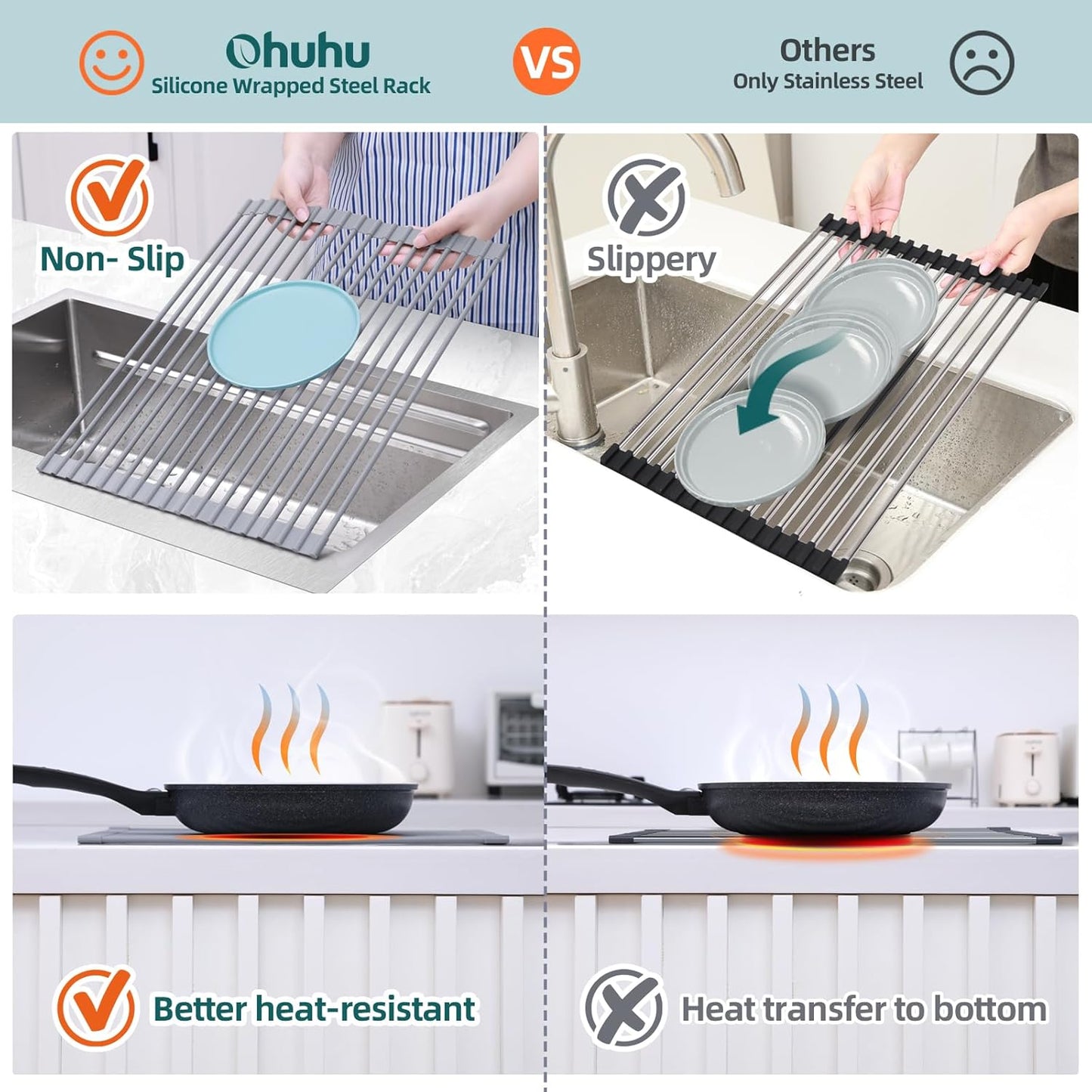 Ohuhu Roll Up Dish Drying Rack, Over The Sink Multipurpose Roll-Up Dish Racks, 16.5" W x 13" L Rolling Heat-Resistant Anti-Slip Silicone Coated Dish Drainer Portable Foldable for Kitchen Counter