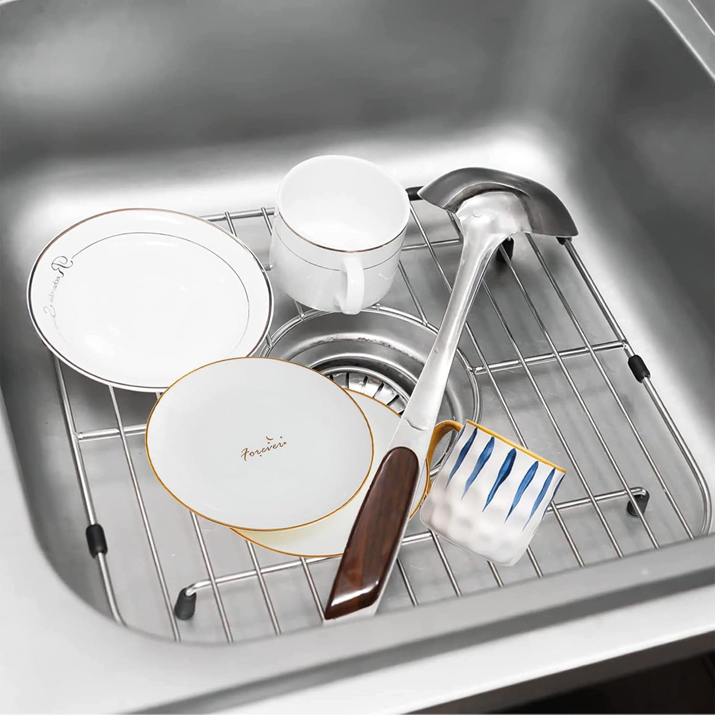 Orgneas Sink Protectors for Kitchen Sinks, Double Bowl Sink Bottom Grid 13"x16" and 11.2"x14.5", 304 Premium Stainless Steel Kitchen Sinks Grate Rack Grid, Centered Drain, 2 Pcs