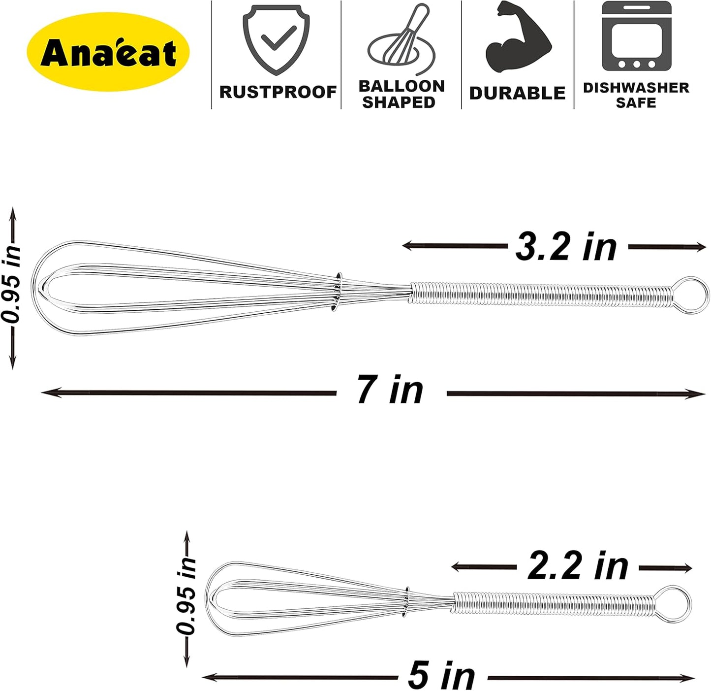 Anaeat Mini Wire Whisks, Set of 4 Portable Stainless Steel Kitchen Tiny Whisk & Egg Beater with Thick Wire - Sturdy Small Mixing Balloon for Cooking, Blending, Whiping, Beating and Stirring (5" + 7")