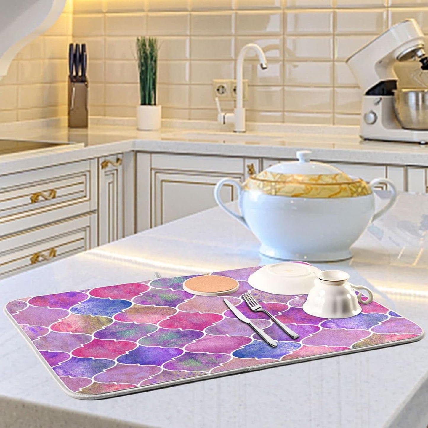 senya Super Absorbent Dish Drying Mat, Microfiber Fast-Drying Dish Mat, 24' x 18', Kitchen Dish Drying Pad, Vintage Decorative Moroccan, 18x24in, (g295080331p523c558s1114)