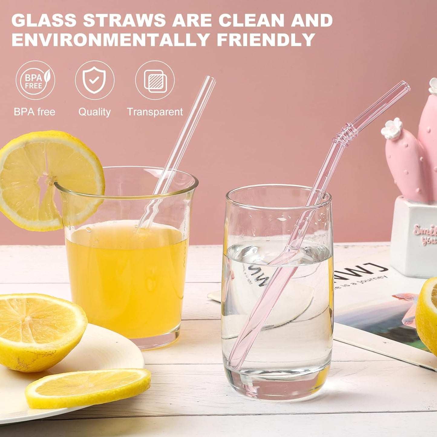 Curved Stained Glass Straws with Designs, 6-Pack Reusable, Approximately 9 Inches Long, 8MM Diameter, Shatterproof and Heat-Resistant, Includes 2 Cleaning Brushes.