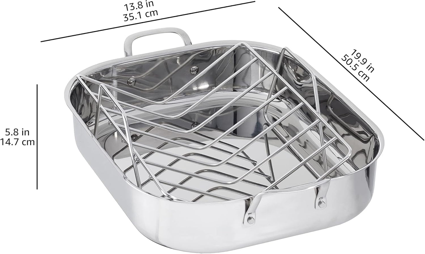 Amazon Basics Stainless Steel Rectangular Roasting Pan with Rack, 16 in