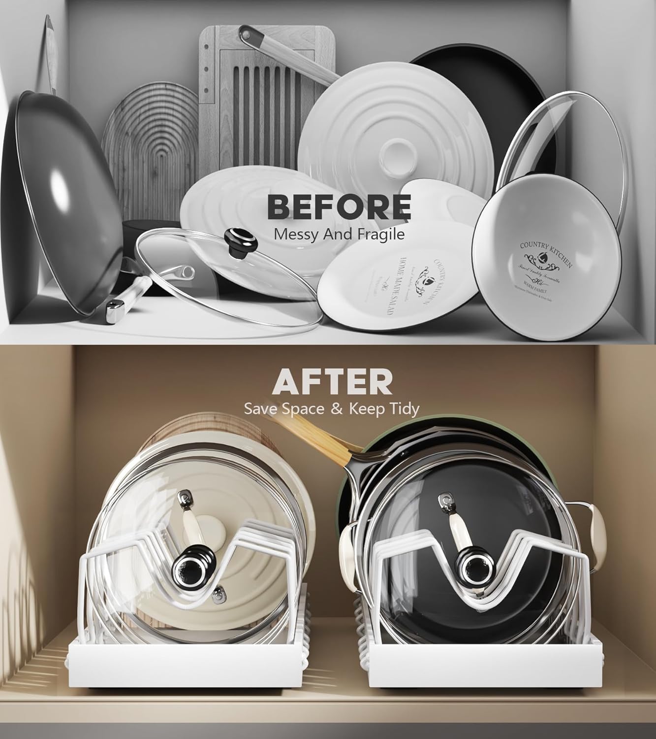 Pull Out Pots and Pans Organizer Under Cabinet, Expandable Sliding Lid Holder and Pan Rack for Kitchen, Slide Out inside Cabinet for Pot Lid, Bakeware, Dishes, 10 Adjustable Dividers, 2 Pack White