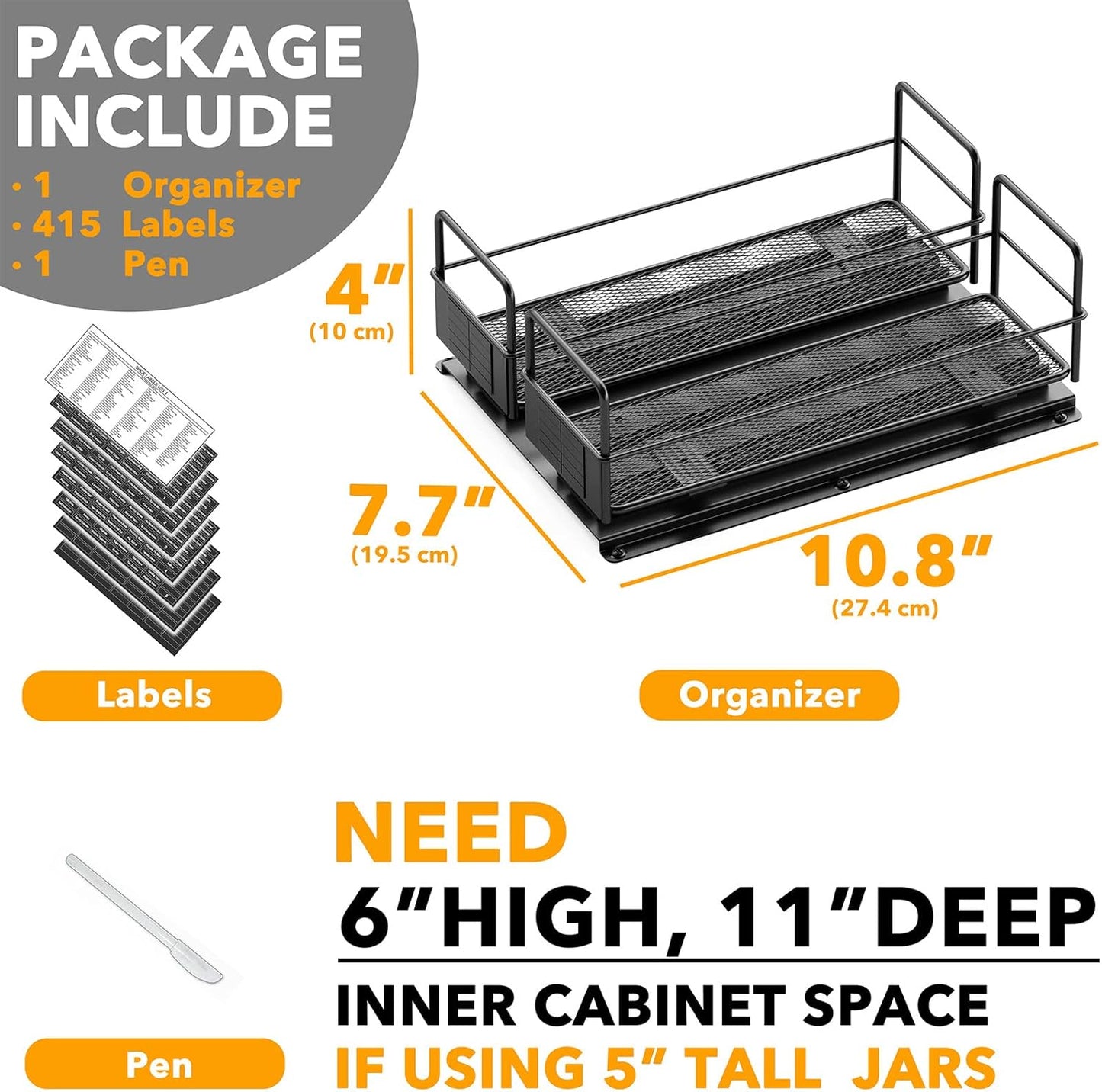 SpaceAid Pull Out Spice Rack Organizer for Cabinet, Heavy Duty Slide Out Seasoning Kitchen Organizer, Cabinet Organizer, with Labels, 7.7" W x10.8 D x4 H, 2 Drawers 1-Tier