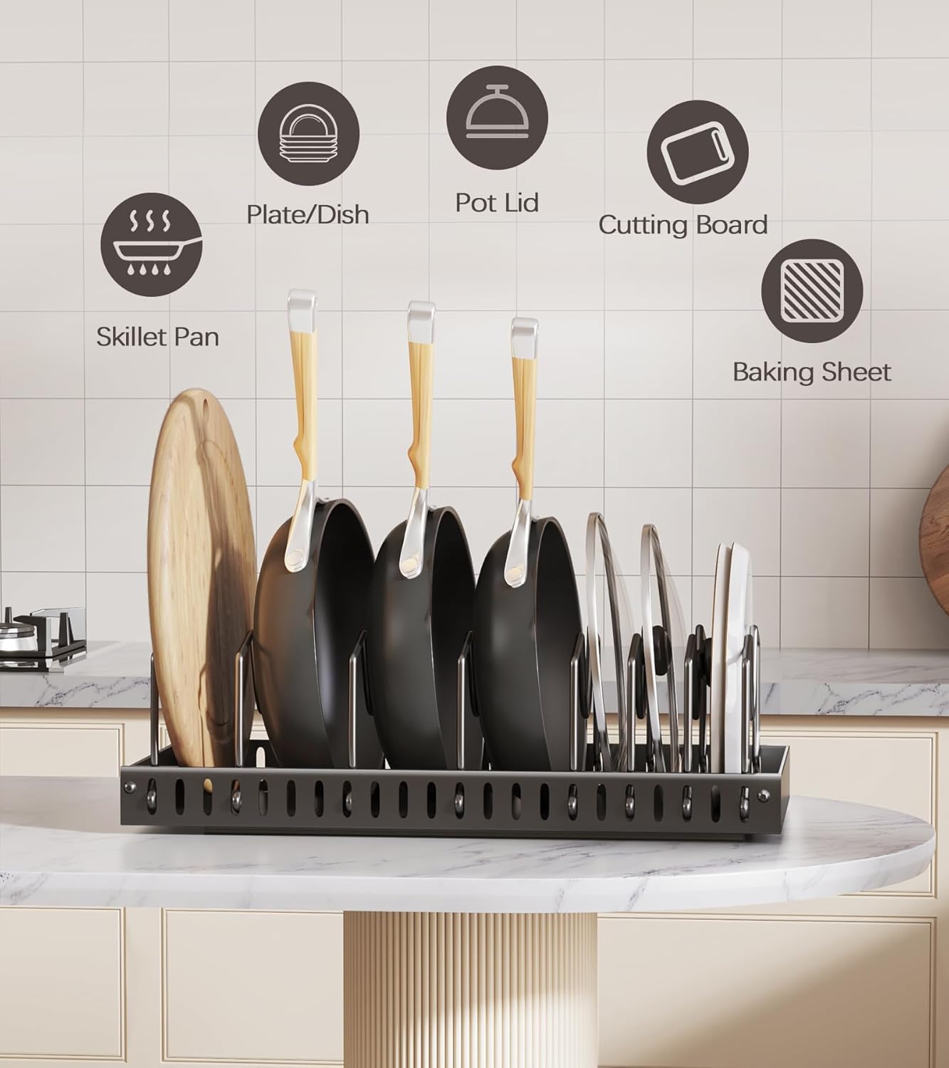 Pull Out Pots and Pans Organizer Under Cabinet, Sliding Lid Holder and Pan Rack in Kitchen, Slide Out inside Cabinet Storage for Pot Lid, Bakeware, Dishes, 8 Adjustable Dividers, 1 Pack Black