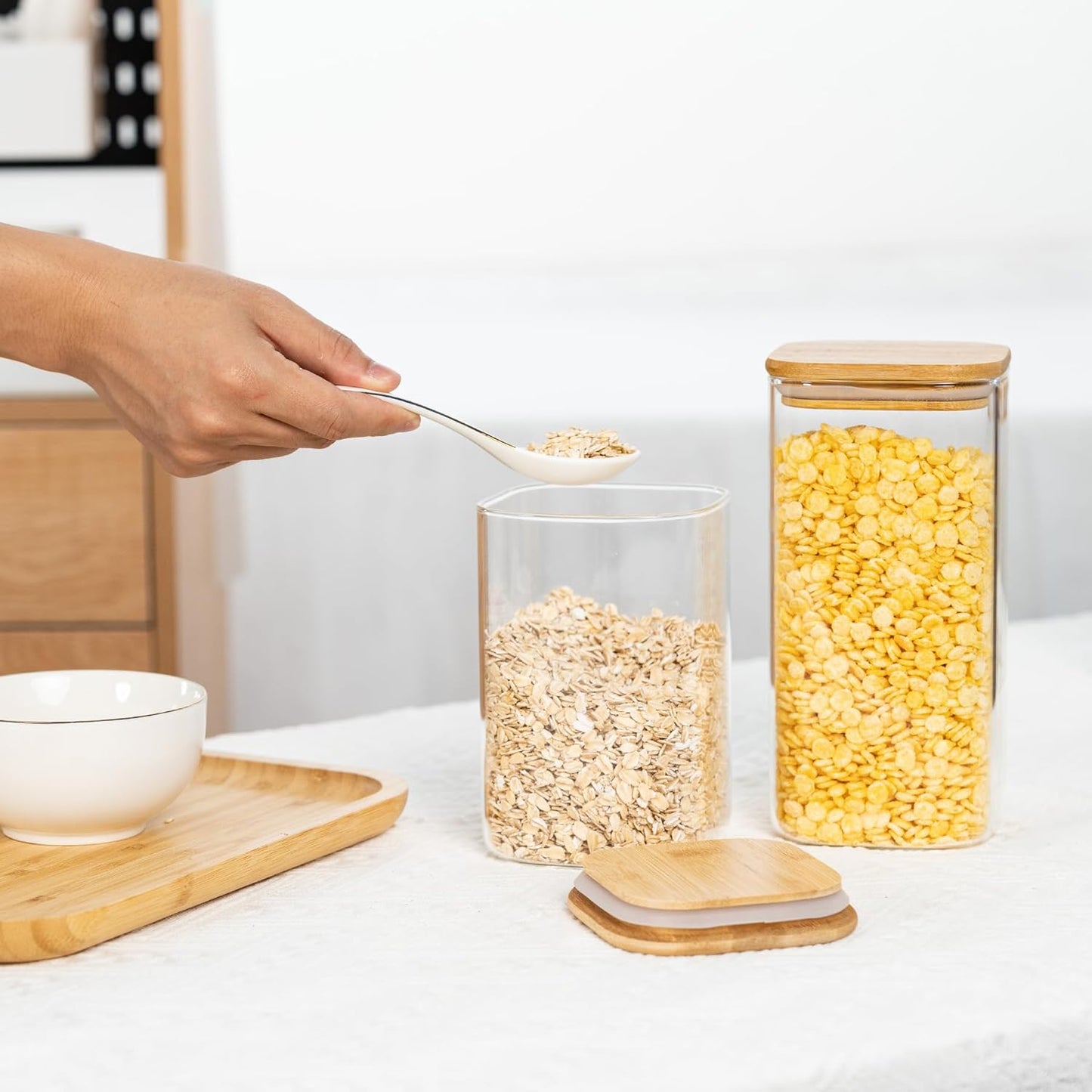41oz Airtight Glass Square Storage Canister with Bamboo Lid Set of 4 (1200ml) Container Stackable Jar, Kitchen Canister for Pantry Noodles, Flour and Coffee beans (with Black Lable)