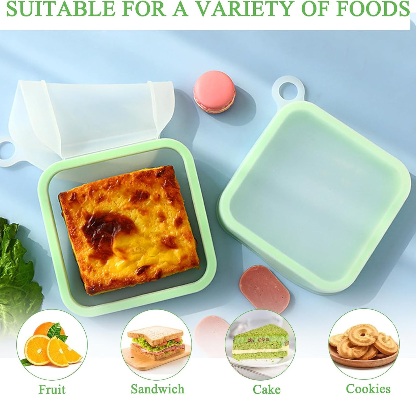 3 Pcs Sandwich Containers, Silicone Sandwich Storage for Lunch Boxes, BPA Free, Leakproof, Reusable Sandwich Holder for Fruit,Salad,Snacks and Food Storage, Microwave Freezer & Dishwasher Safe (Green)