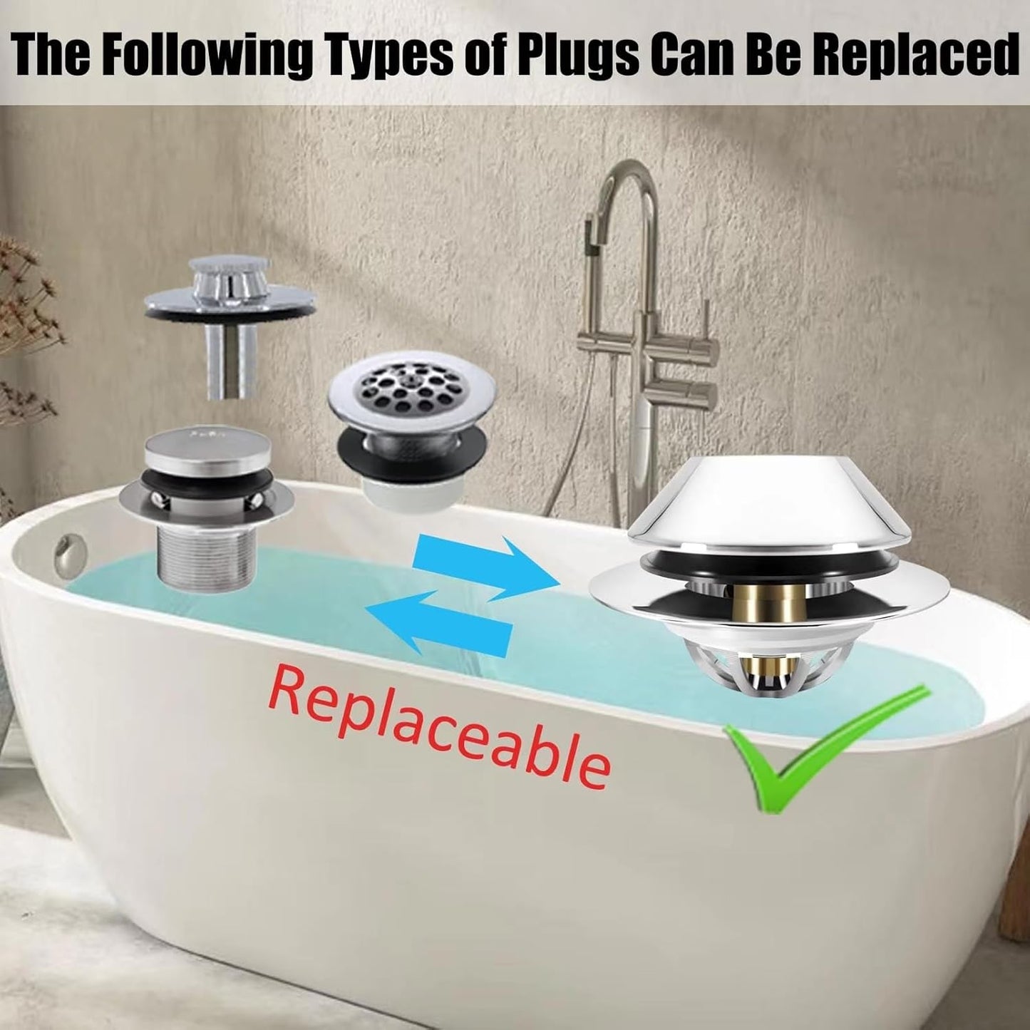 Bathtub Drain Stopper,Pop Up Tub Stopper Bottom with Drain Hair Catcher,Bathtub Plug and Cover with Strainer,Universal for 1.45 to 1.8in Drain Hole,Replaces Lift & Turn, Tip-Toe or Trip Lever