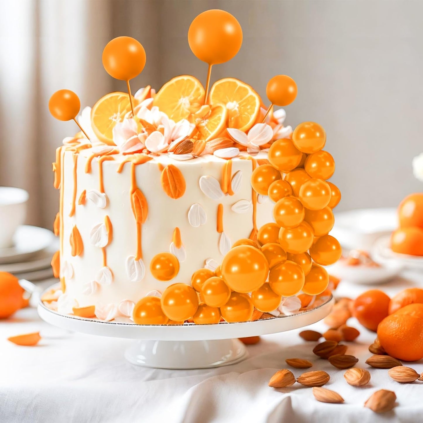 48 Pcs Orange Balls Cake Topper Decorations Balloon Cupcake Toppers Foam Cake Topper Balls for Thanksgiving Halloween Birthday Party Wedding Anniversary Cake Decorating