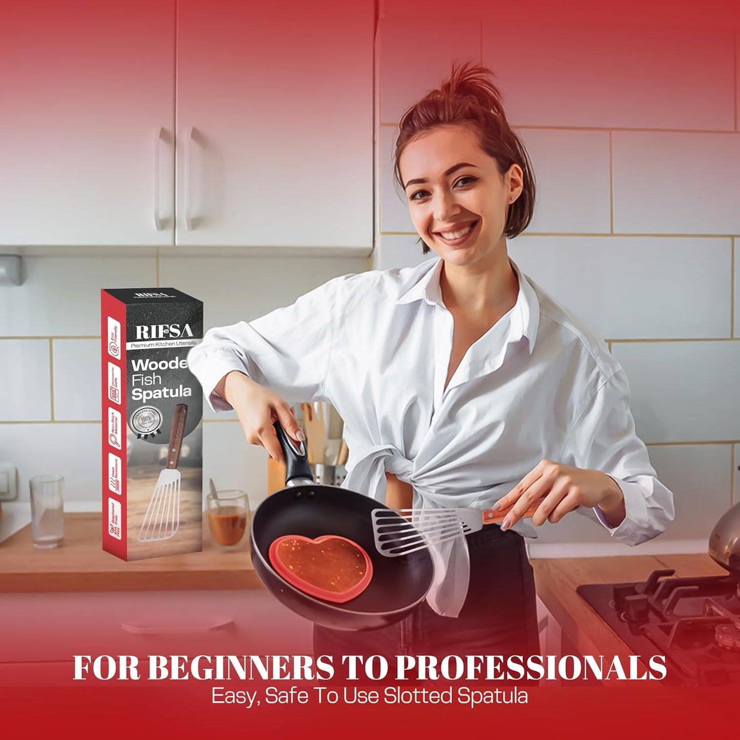 Fish Spatula Stainless Steel 2 Slotted Fish Spatulas for Nonstick Cookware - Elegant Silver Finish Turner Spatula with Ergonomic Wooden Grip Size 11” Blade Ideal for Home and Professional Chefs