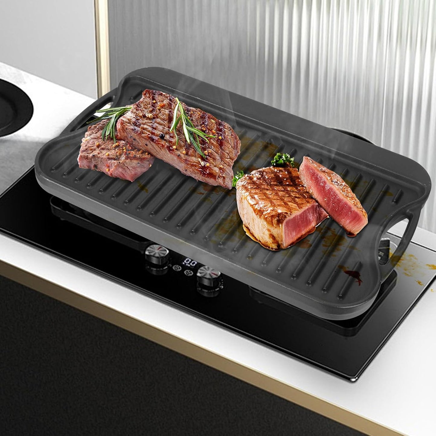 2 in 1 Reversible Cast Iron Griddle for Gas Grill, Flat Top Grill Pan for Gas Stove, Pre-Seasoned Oven Top pan,Upgrade Double Burner Griddle for Indoor & Outdoor Cooking Accessories, 17" X 10"