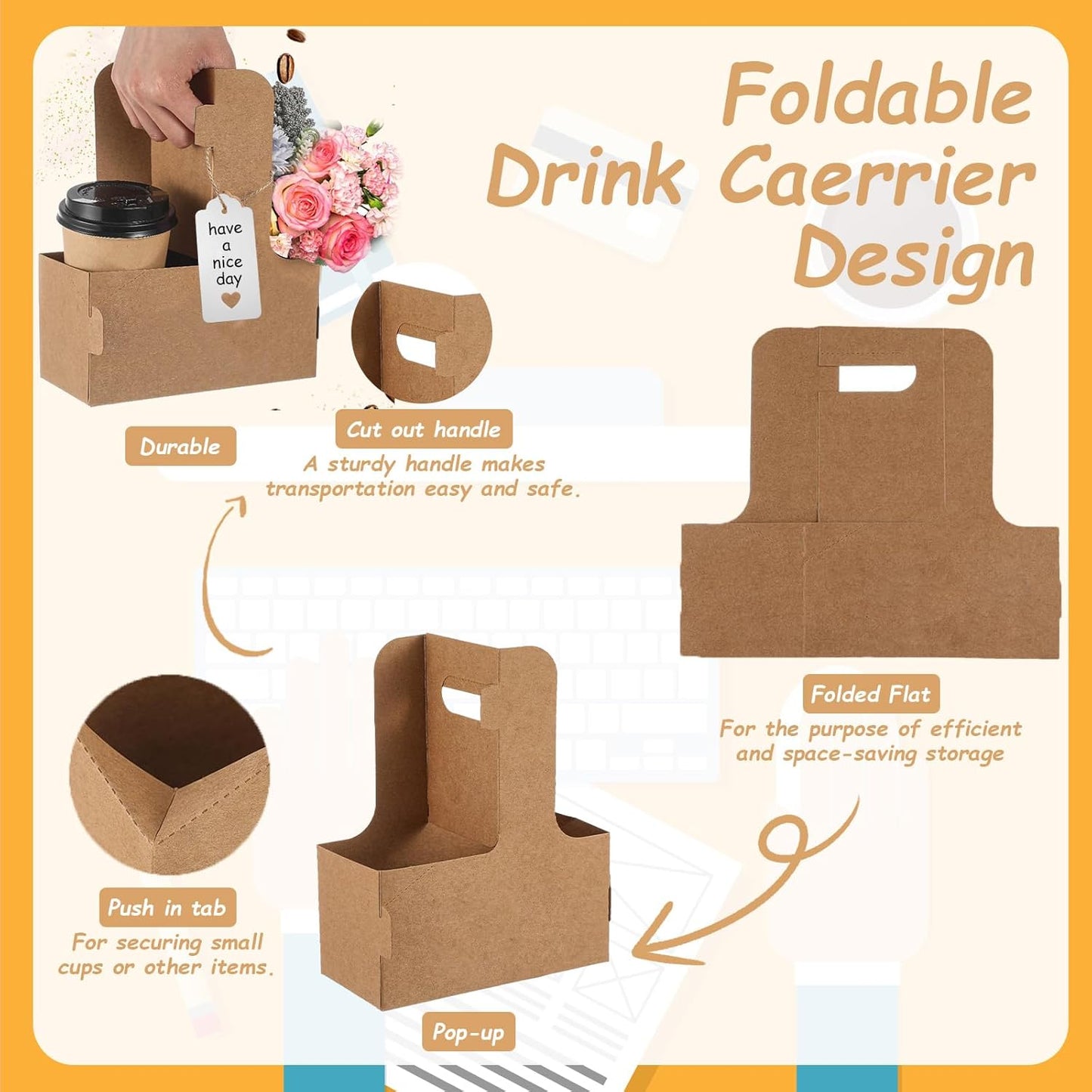 30 Pack 2 Cup Disposable Drink Carrier with Handle Paperboard Coffee Cup Holder Portable for Hot Cold Drinks Food Delivery Services with Heart Card for Teacher Appreciation Week Mother's Day