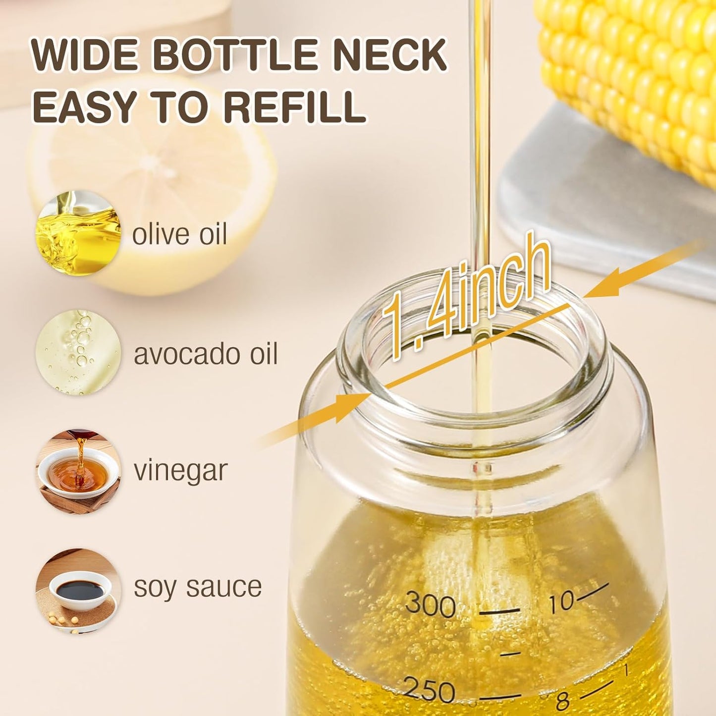 Vucchini Olive Oil Dispenser Bottle Auto Flip Vinegar Dispenser for Kitchen with No-Drip Bottle Spout Pourer(10 oz,White color)