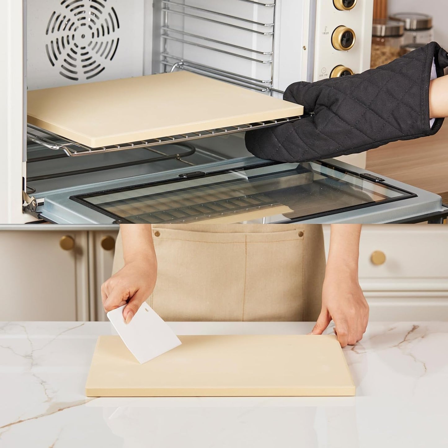 Pizza Stone Set, 15"x12" Rectangular Pizza Stone for Oven Grill BBQ with Wooden Pizza Peel & Oven Mitts, Cordierite Baking Stone for Bread, Unique Built-in 4 Handles Cooking Stone