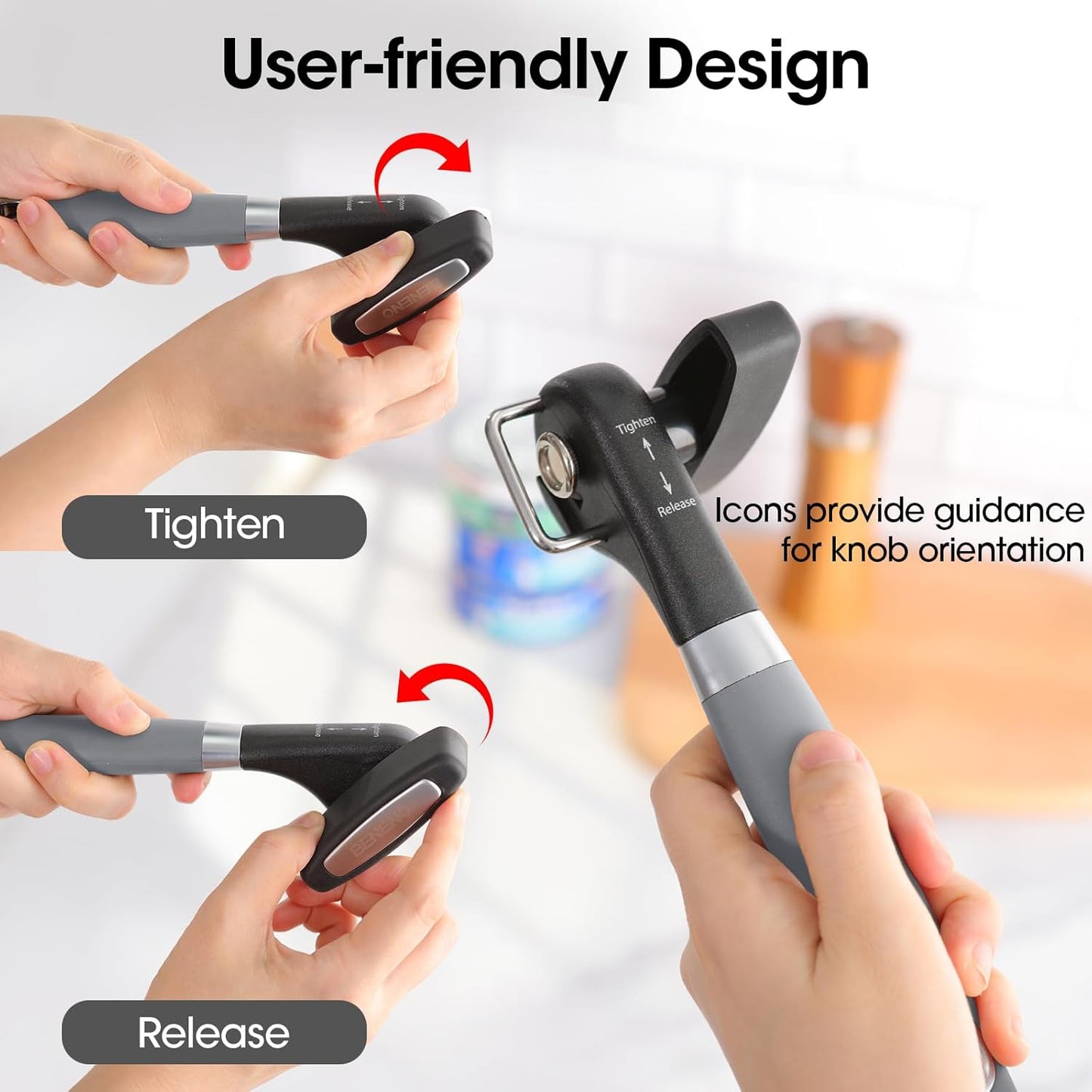 Beneno Can Opener, Manual Side Safe Cut Can Opener Smooth Edge with Durable Sharp Blade, Effort-Saving Knob & Comfortable Non-slip Handle, Gray