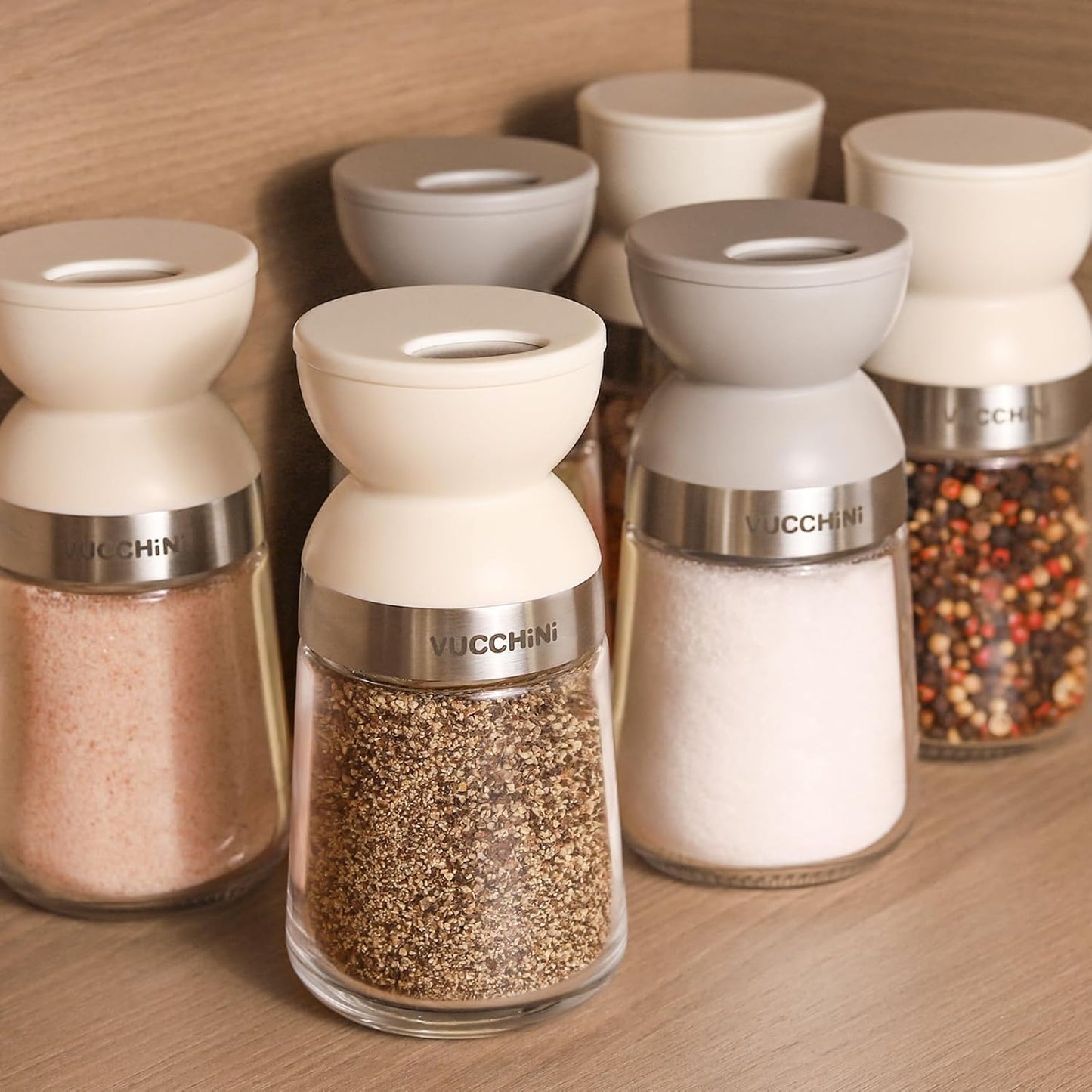 VUCCHINI Salt and Pepper Shaker Set with Lid 3 level Adjustable Pour Holes Seasoning Spice shaker Jar Glass Bottle, Large Salt and Pepper Dispenser Moisture-proof for Kitchen, Cooking (5 oz, Grey)