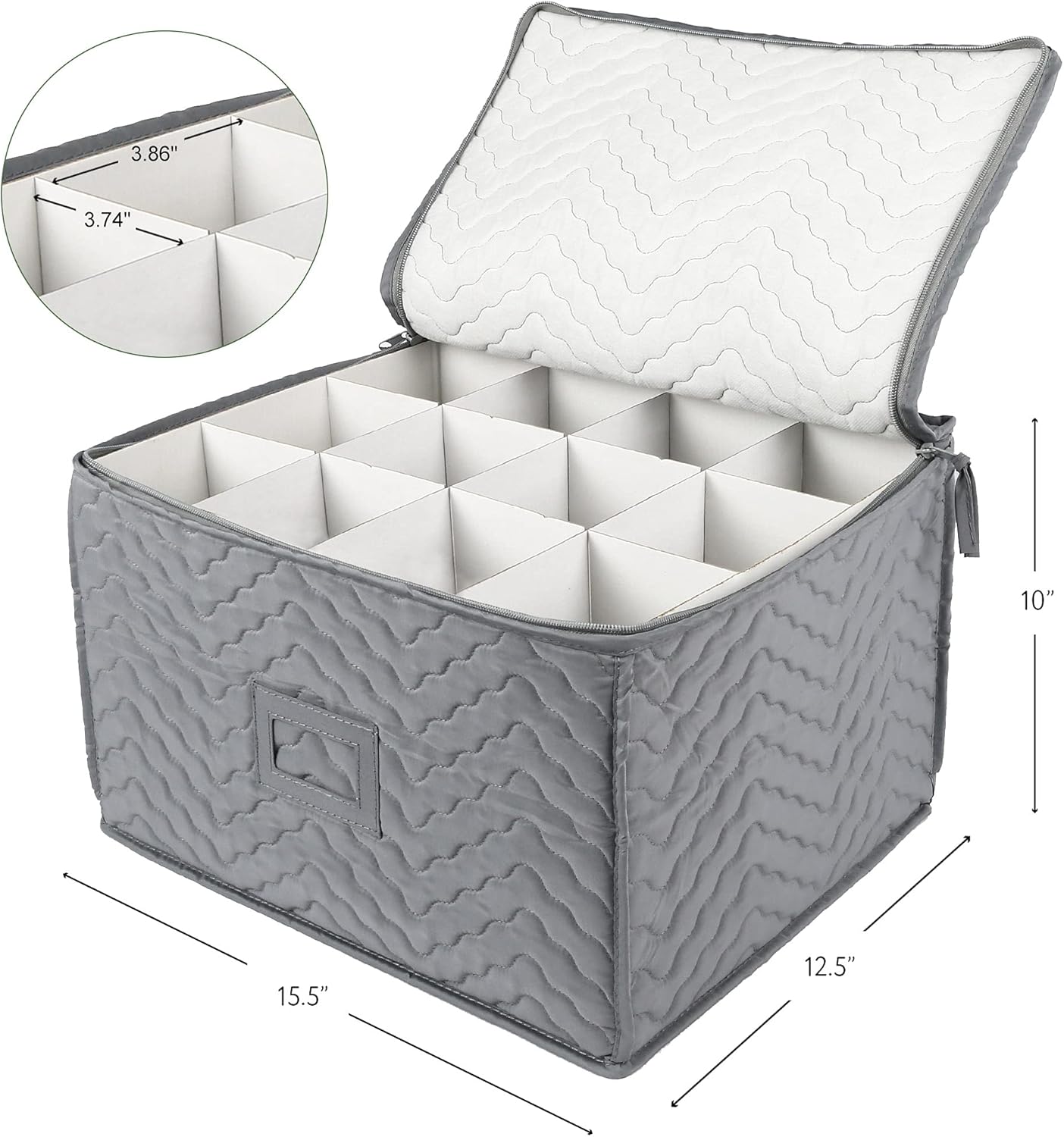 LotFancy Stemware Storage Container - Deluxe Quilted Storage Case with Dividers for 12 - Wine Glasses, Champagne Flutes, Glassware, Drinkware Storage Box Chest, 15.5"x12.5"x 10", Gray