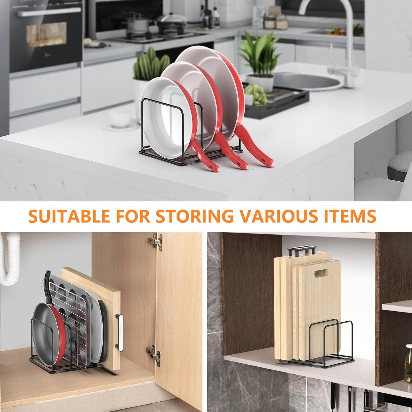 Kitchen Cabinet Organizer - Steel Cookware Rack, Divided Holder with 3 Slots for Skillets, Baking Tray and Chopping Board - Pan Storage (2.2 Inch Width Slots)