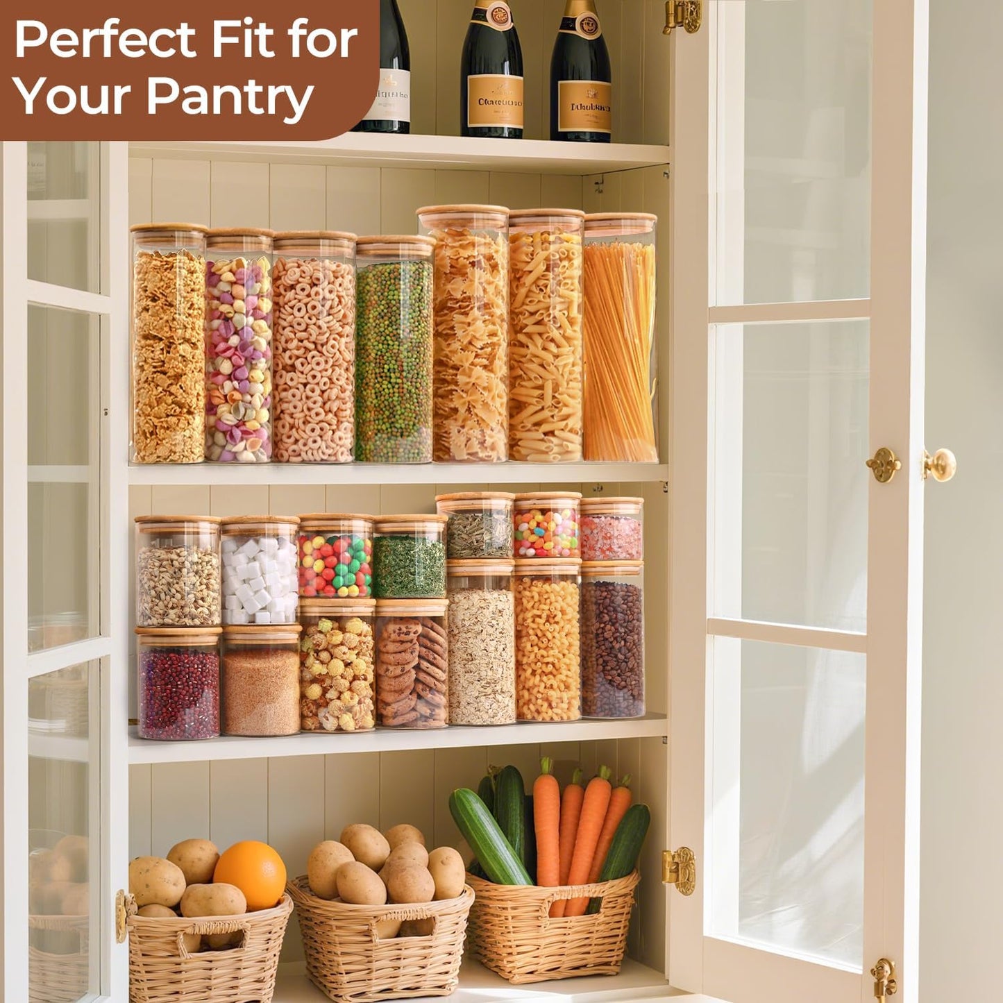 ComSaf Glass Spaghetti Pasta Storage Container with Lids 2 Qt Set of 3, Tall Clear Airtight Food Storage Jar with Wood Cover Kitchen Pantry Storage Container for Noodles Flour Cereal Coffee Beans