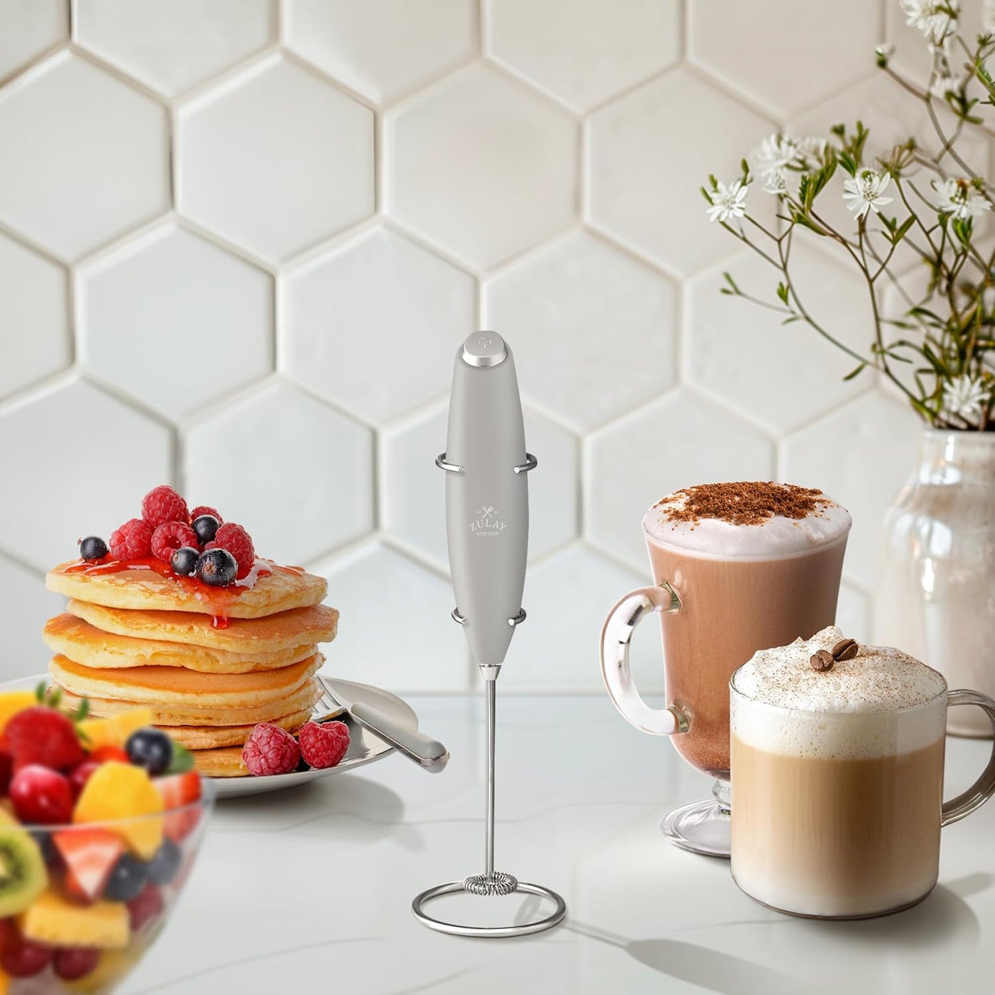 Zulay Kitchen Powerful Milk Frother Wand - Ultra Fast Handheld Drink Mixer - Electric Whisk Foam Maker for Coffee, Lattes, Cappuccino, Frappe, Matcha & Coffee Creamer - Milk Boss Gray