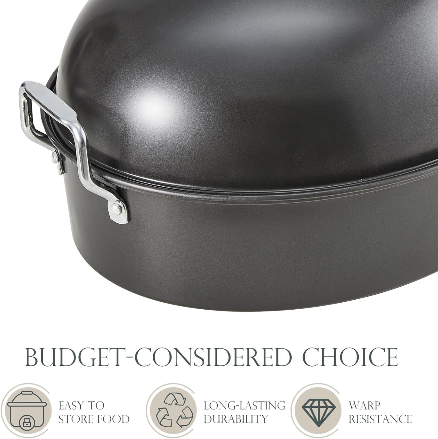 KITESSENSU Extra Large Roasting Pan with Lid - Nonstick Turkey Roaster with Rack 18 x 14 Inch - Heavy Duty Covered Roasting Pot for Oven, Dishwasher Safe, Gray