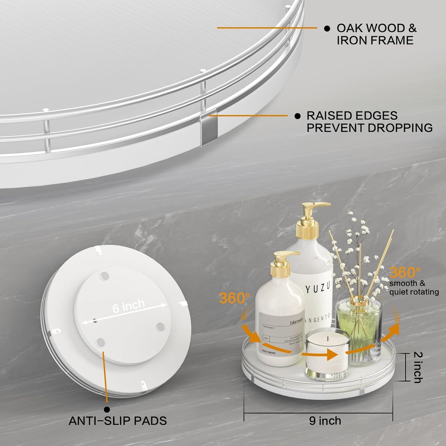 9" Oak Wood Lazy Susan Organizer, Lazy Susan for Cabinet Dining Table Pantry Wood Turntable Organizer Tray for Coffee Table Kitchen Countertop Salt Pepper Spice Organization and Storage Round Silver