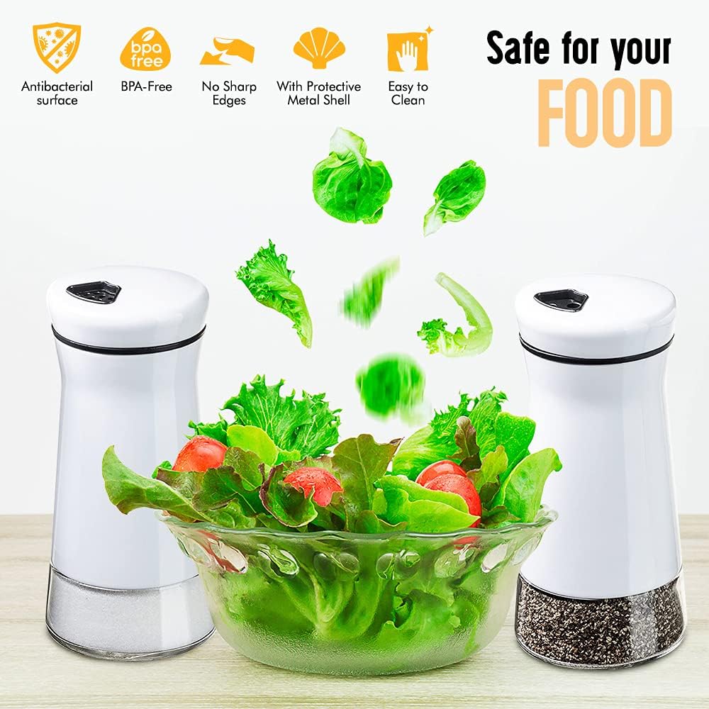 The Original Salt and Pepper Shakers set - White- Spice Dispenser with Adjustable Pour Holes - Stainless Steel & Glass - Set of 2 Bottles