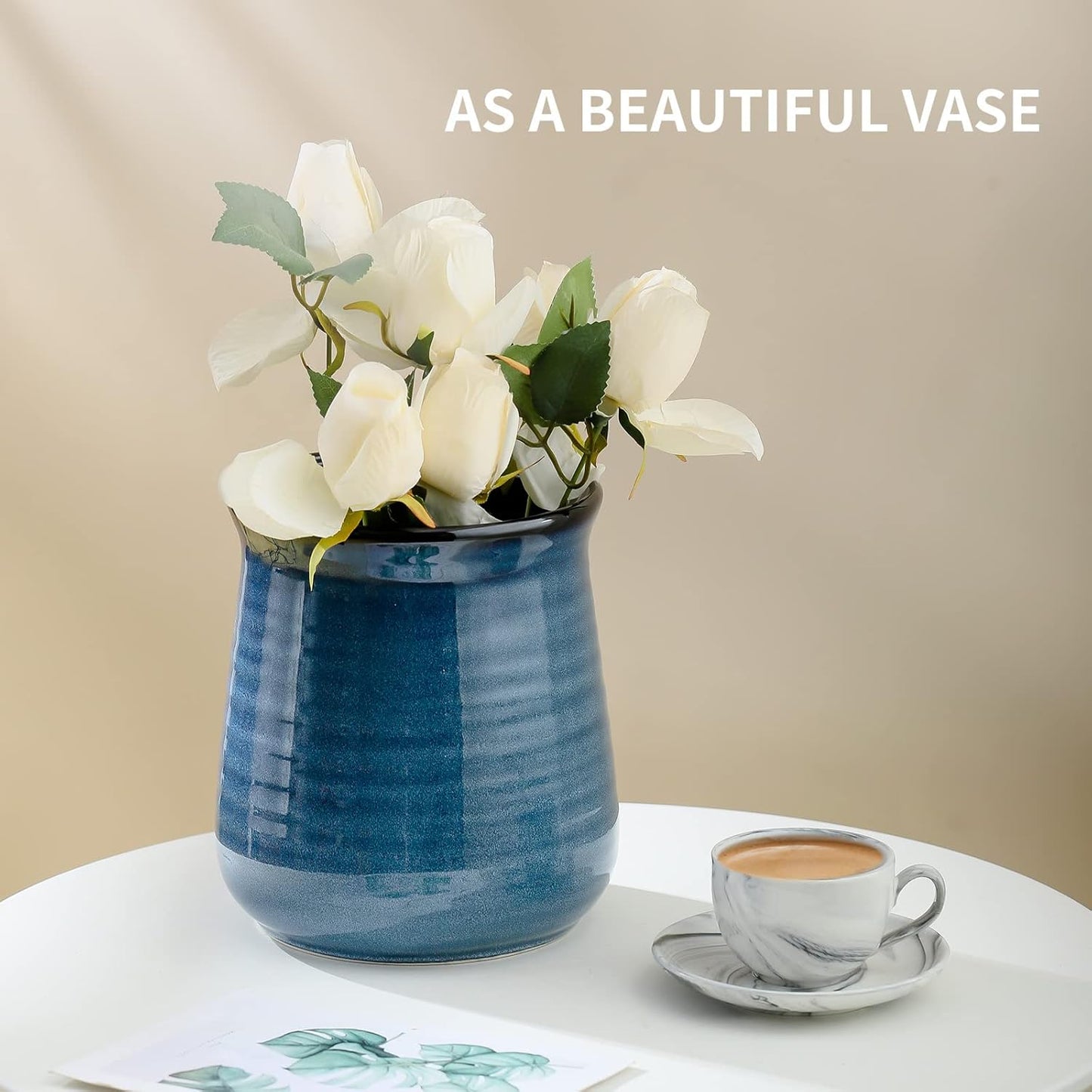 Hasense Extra Large Utensil Holder Crock for Kitchen Counter - 7.1” x 5.9” Vintage Farmhouse Blue Ceramic Caddy Utensil Organizer and Rustic Table Decor for Spatulas, Spoons, and Other Cooking Tools