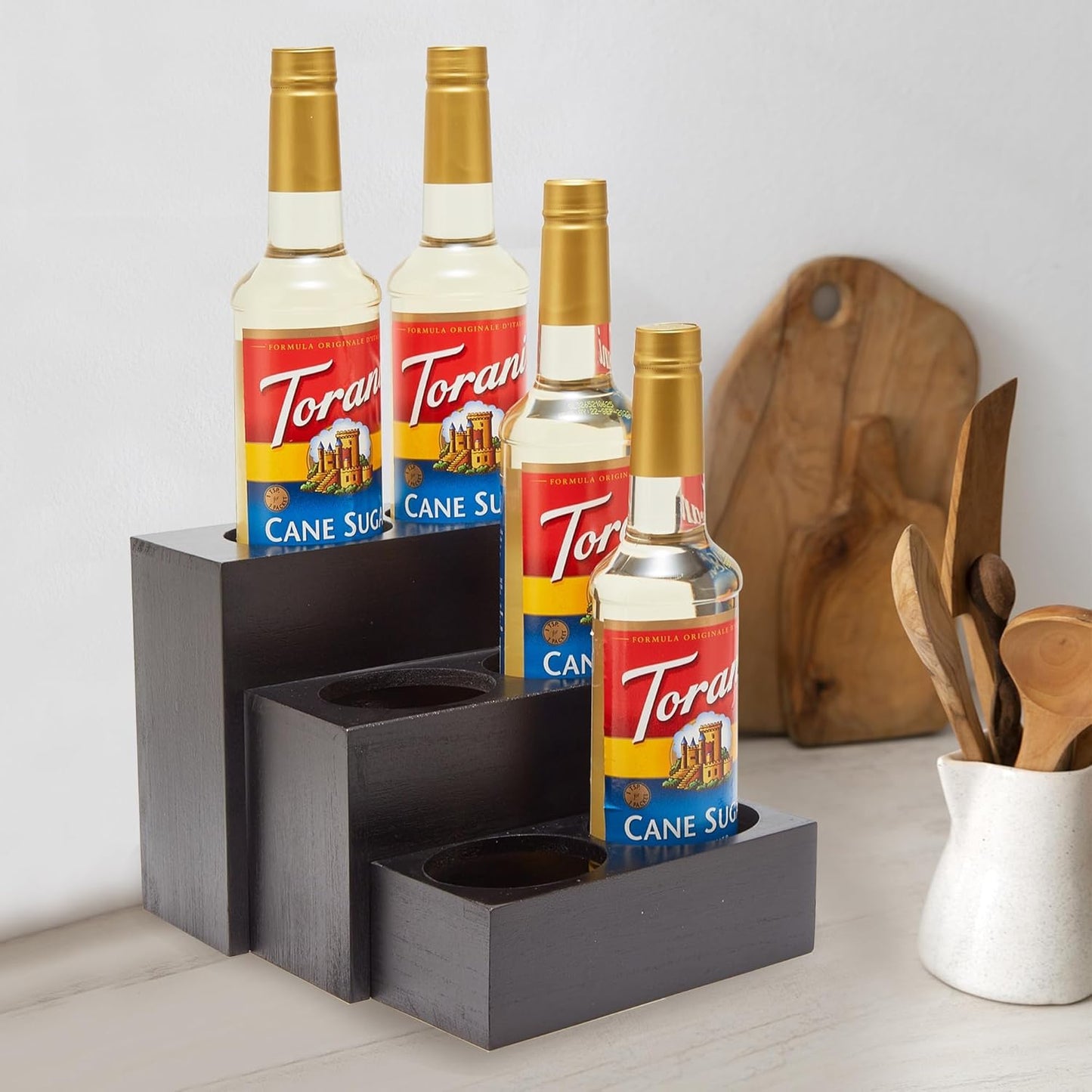 Black Wood Coffee Syrup Rack Organizer, 3 Tier Syrup Bottle Holder for Coffee Bar, 6 Bottles(750ml) Storage Stand for Syrup, Wine, Dressing for Kitchen Coffee Station(3 Separate Pieces)