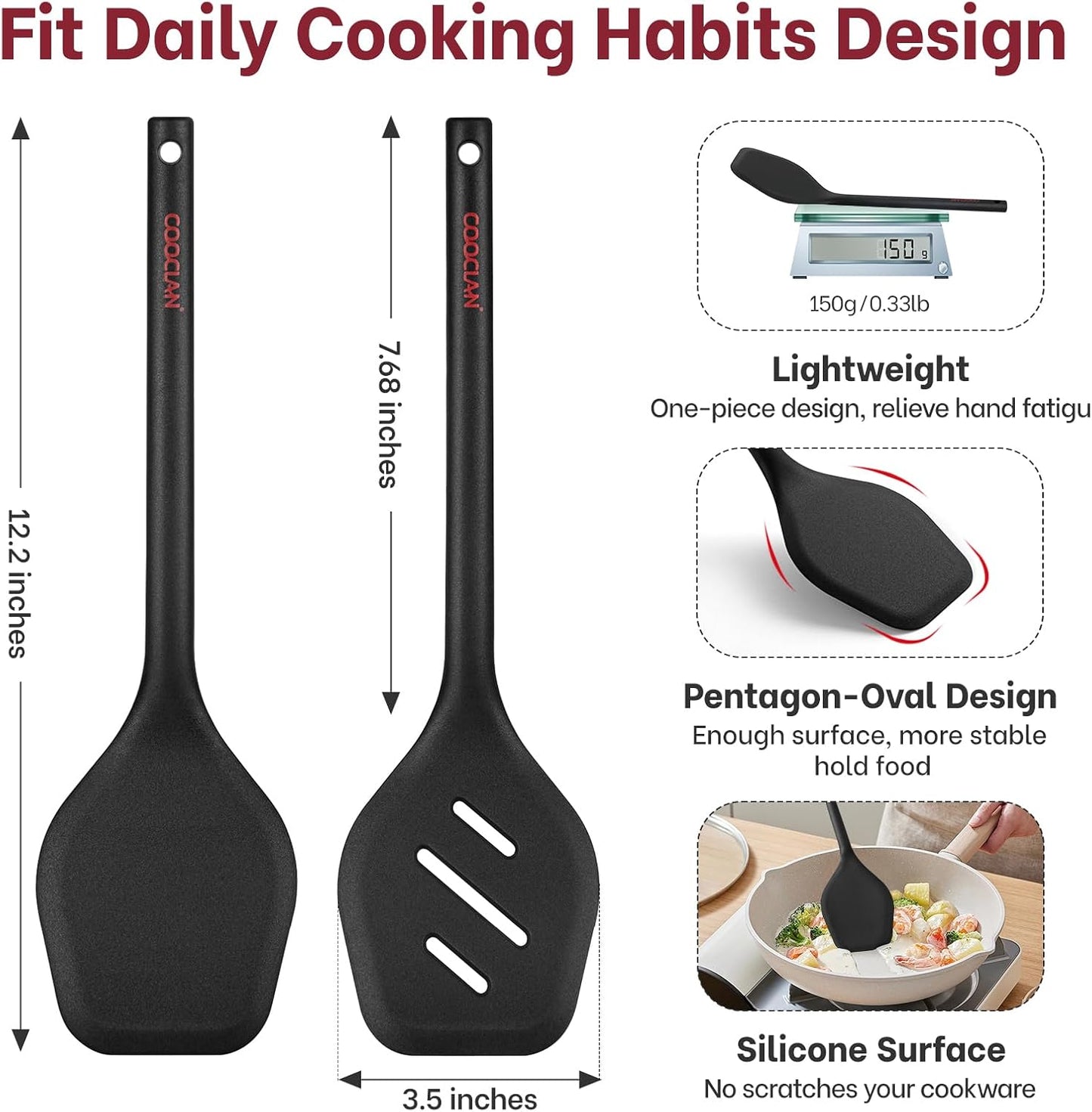 Silicone Spatula Set (BPA-Free), Ultra Heat Resistant Spatulas for Non-Stick Pans, 2 Pack Solid & Slotted Silicone Turner, One-Piece Cooking Spatula Turners for Kitchen Use, Black