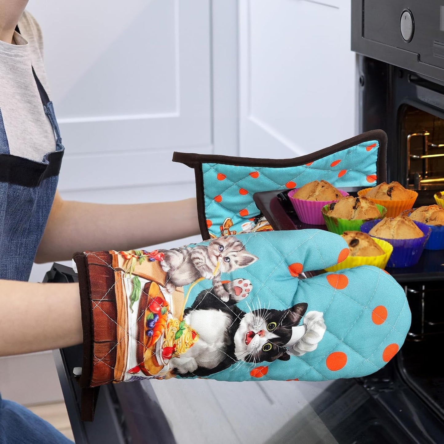 Cute Cat Oven Mitts and Pot Holders Sets 4Pcs, 100% Cotton Heat Resistant, Extra Long Oven Gloves Potholder for Kitchen Cooking Baking Decoration