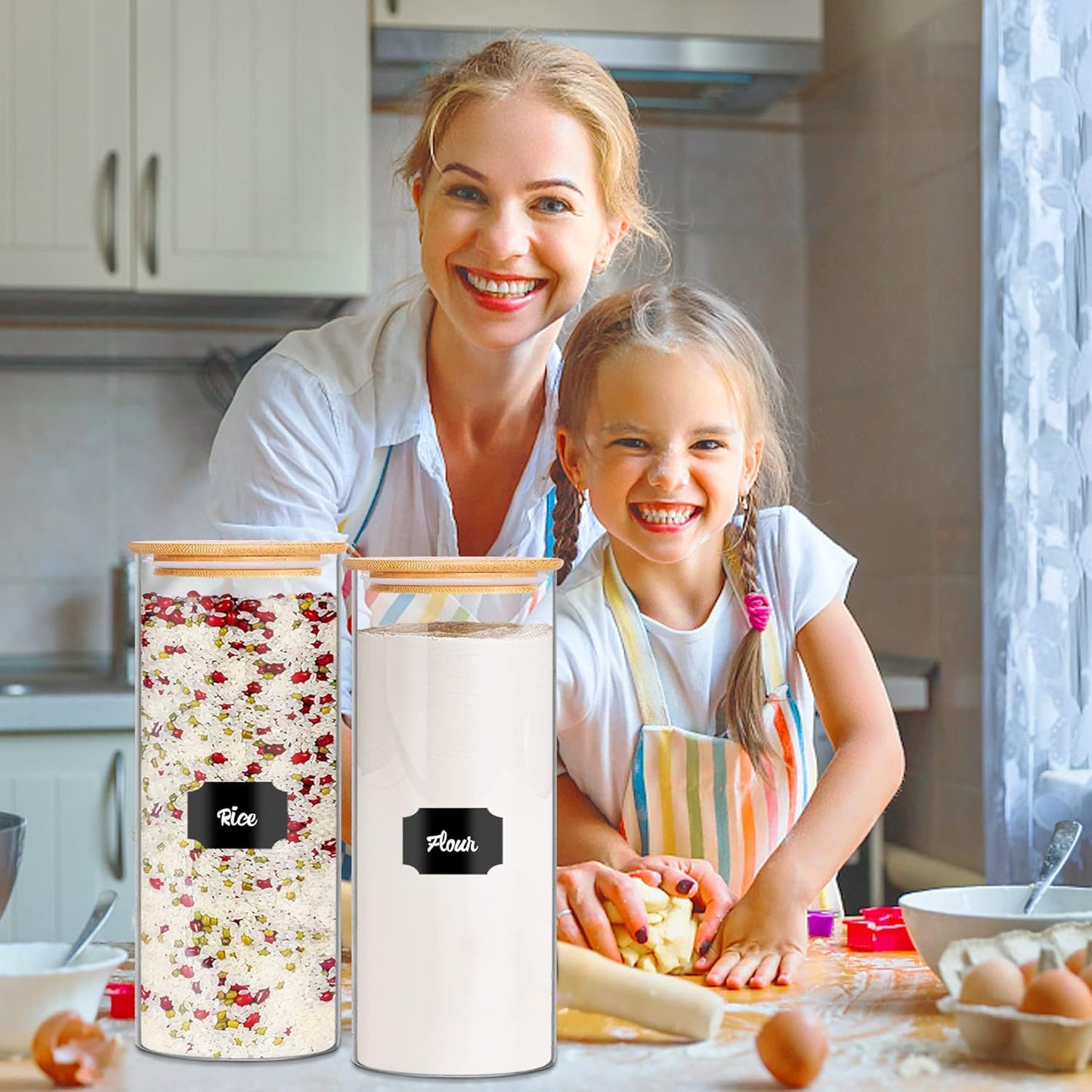 Glass Jars with Bamboo Lids, 72oz 3Pcs Kitchen Glass Containers with Bamboo Lids, Airtight Glass Pantry Storage Containers with Lids for Spaghetti, Pasta, Rice, Nuts, Flour, Bean, Dry Foods