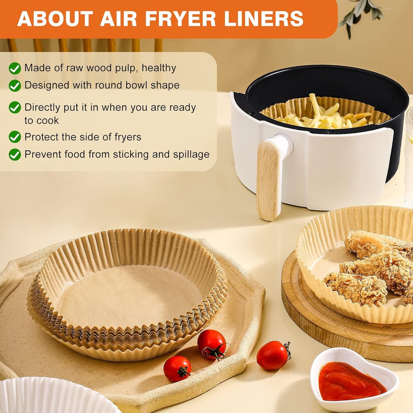 Vailnd Air Fryer Liners Disposable for Ninja, 150 Pcs 8" Round Airfryer Paper Liner Heavy-Duty, Non-Stick and Grease-Proof Parchment Paper Sheets for 5-8 qt Basket Air Fryers Oven Steamer