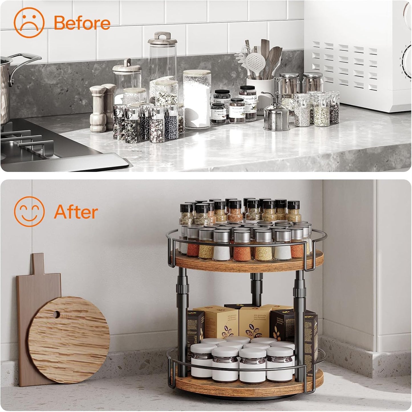 HOOBRO Lazy Susan Organizer Spice Rack, 2-Tier Height Adjustable Rotating Lazy Turntable Spice Organizer, for Kitchen Countertop and Cabinet, Rustic Brown BF05TL01
