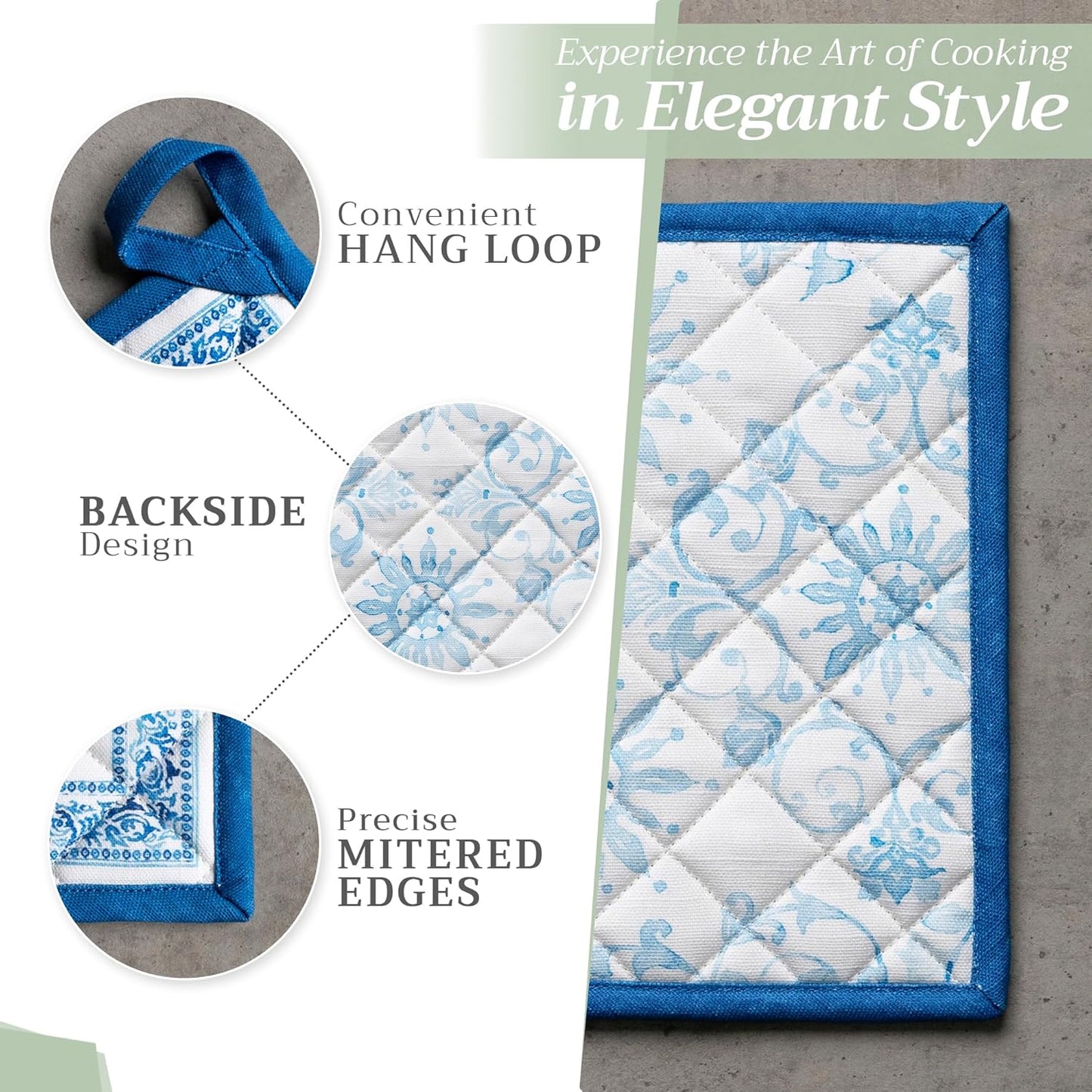 Maison d' Hermine 100% Cotton Oven Mitt & Pot Holder Set (7.5"x13" & 8"x8") Heat Resistant BBQ Cooking Gloves with Loop, Baking, Grilling, Kitchen, Handling Hot Pans Spring/Summer (Cedrat)