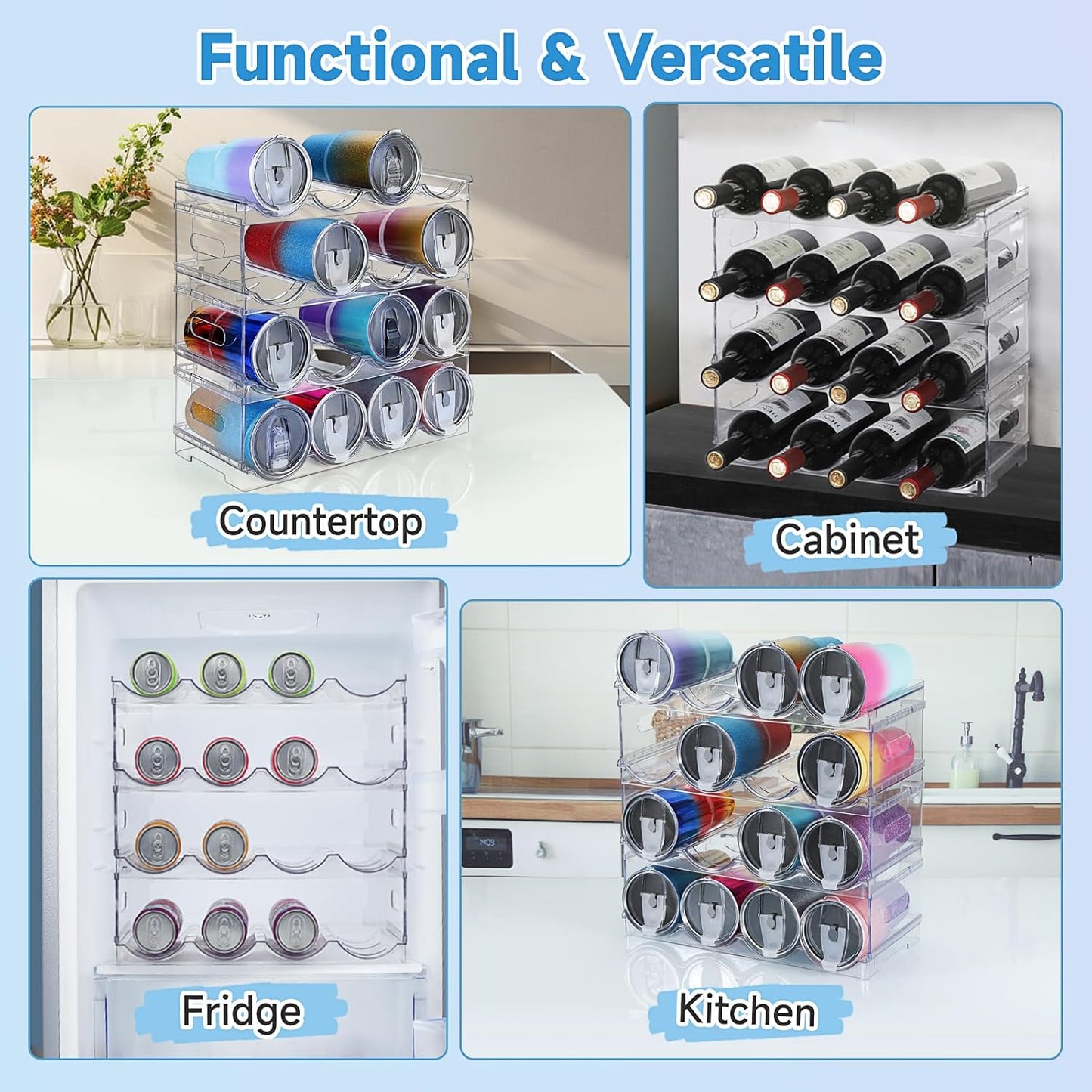Large Compartment Water Bottle Organizer,4 Tier Stackable Water Bottle Rack for Cabinet,Tumbler Storage Organizer for Kitchen,Fridge,Cabinet Organization and Storage,Clear Water Bottle Storage Rack