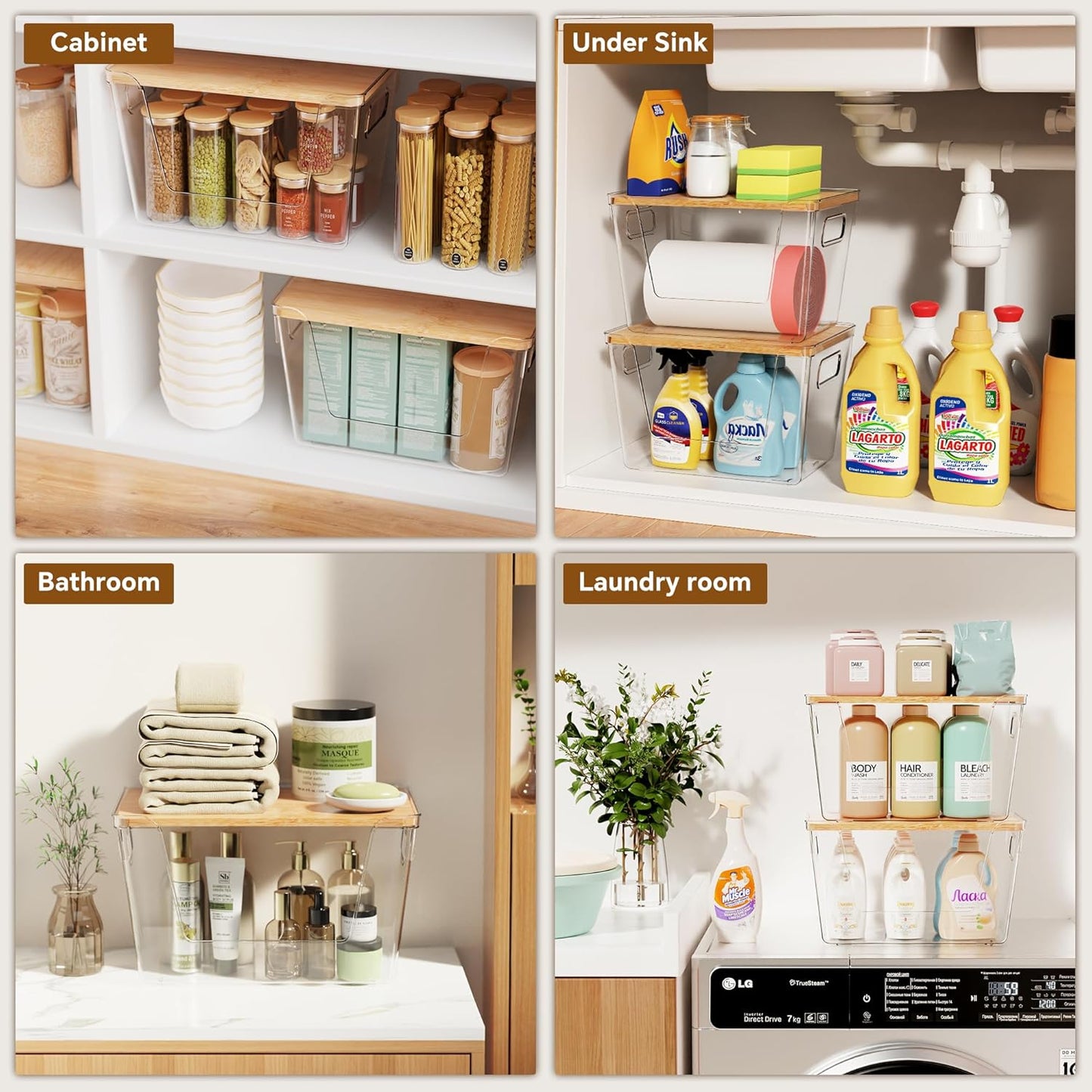 Criusia 2 Set Pantry Organizers and Storage with Bamboo Lids, Stackable Clear Bins for Onion, Potato, Fruit, Vegetables, Trash Bag Dispenser for Kitchen and Under Sink Organization